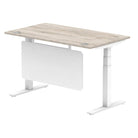 Air Modesty 800mm Height Adjustable Office Desk Grey Oak Top Cable Ports White Leg With White Steel Modesty Panel - Price Crash Furniture