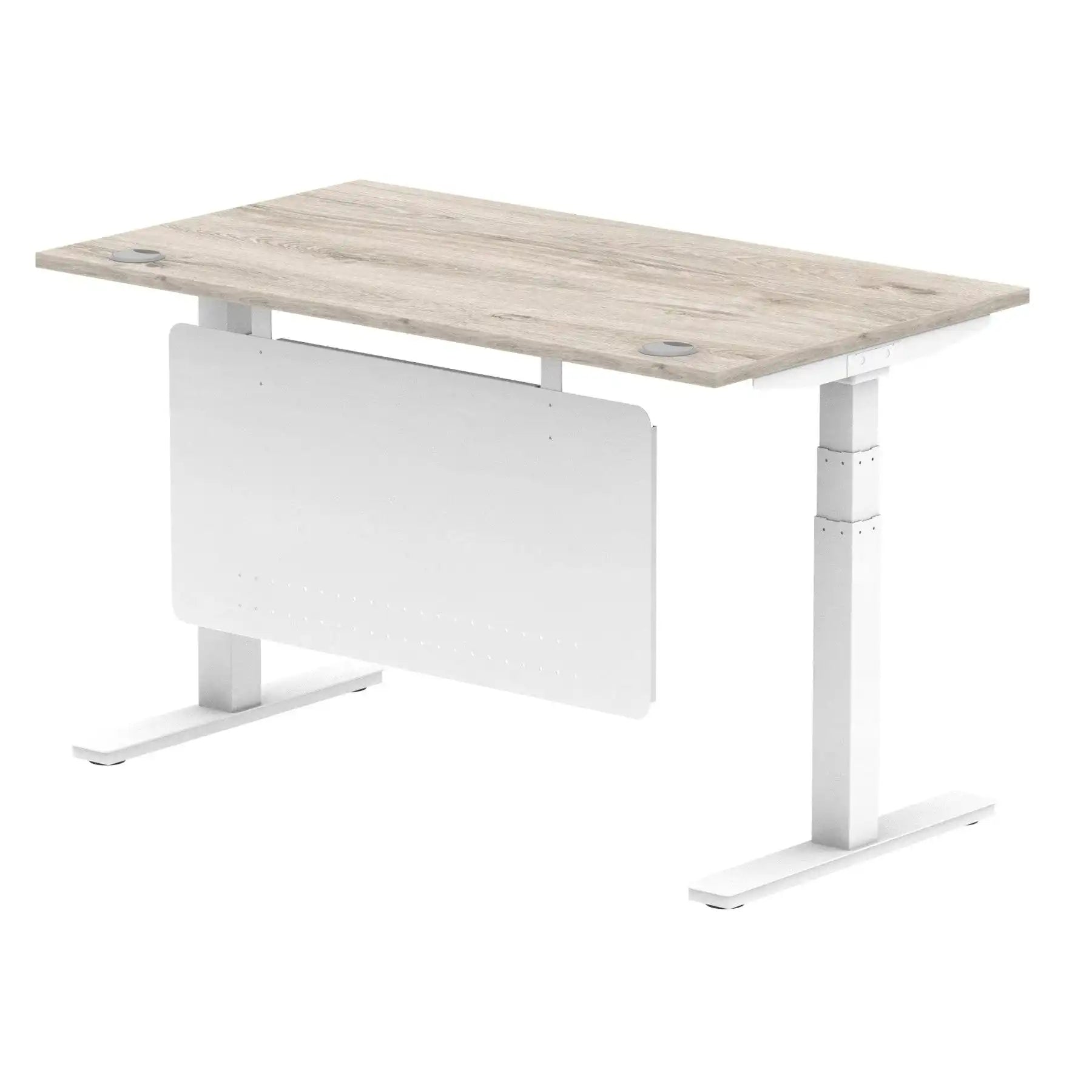 Air Modesty 800mm Height Adjustable Office Desk Grey Oak Top Cable Ports White Leg With White Steel Modesty Panel - Price Crash Furniture