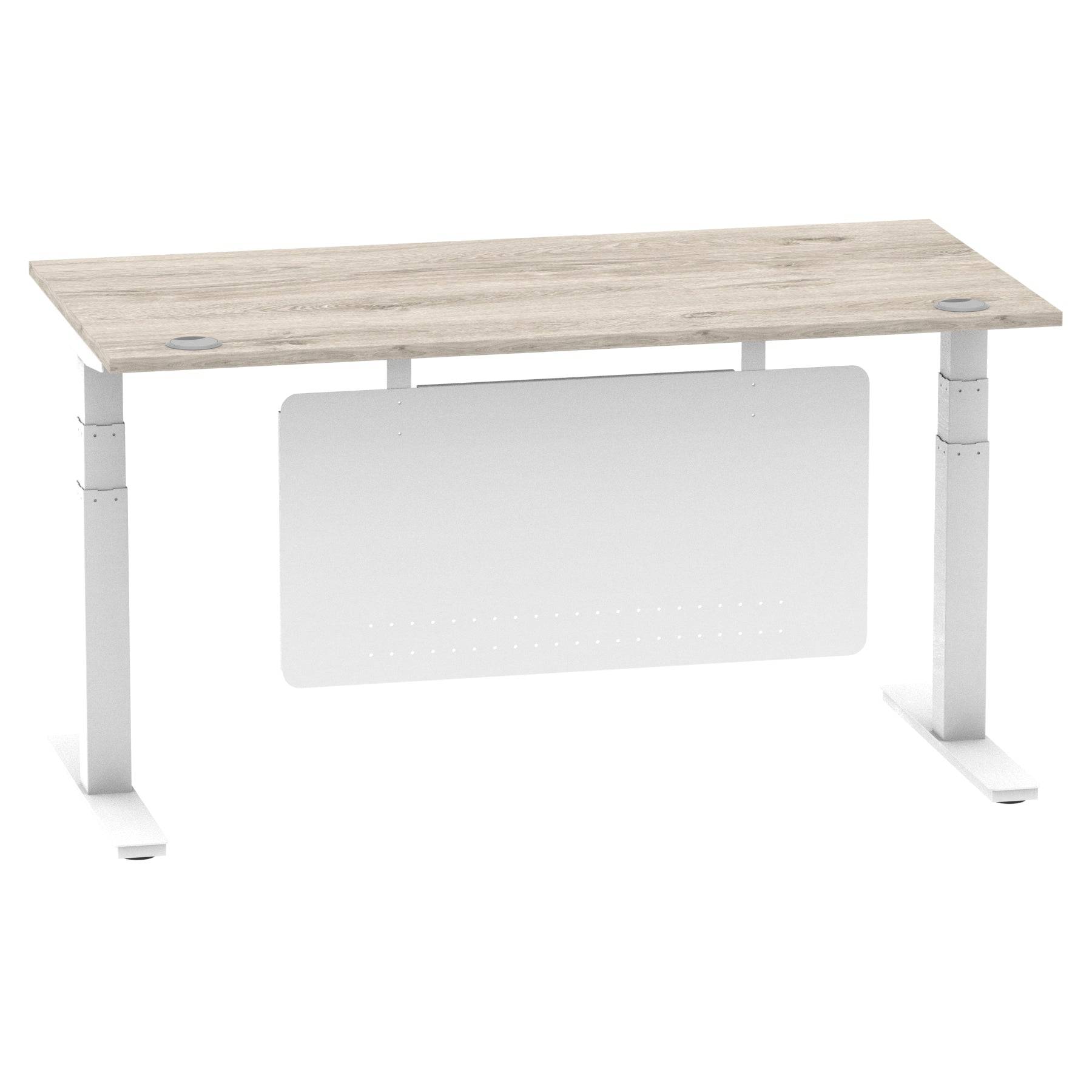 Air Modesty 800mm Height Adjustable Office Desk Grey Oak Top Cable Ports White Leg With White Steel Modesty Panel - Price Crash Furniture