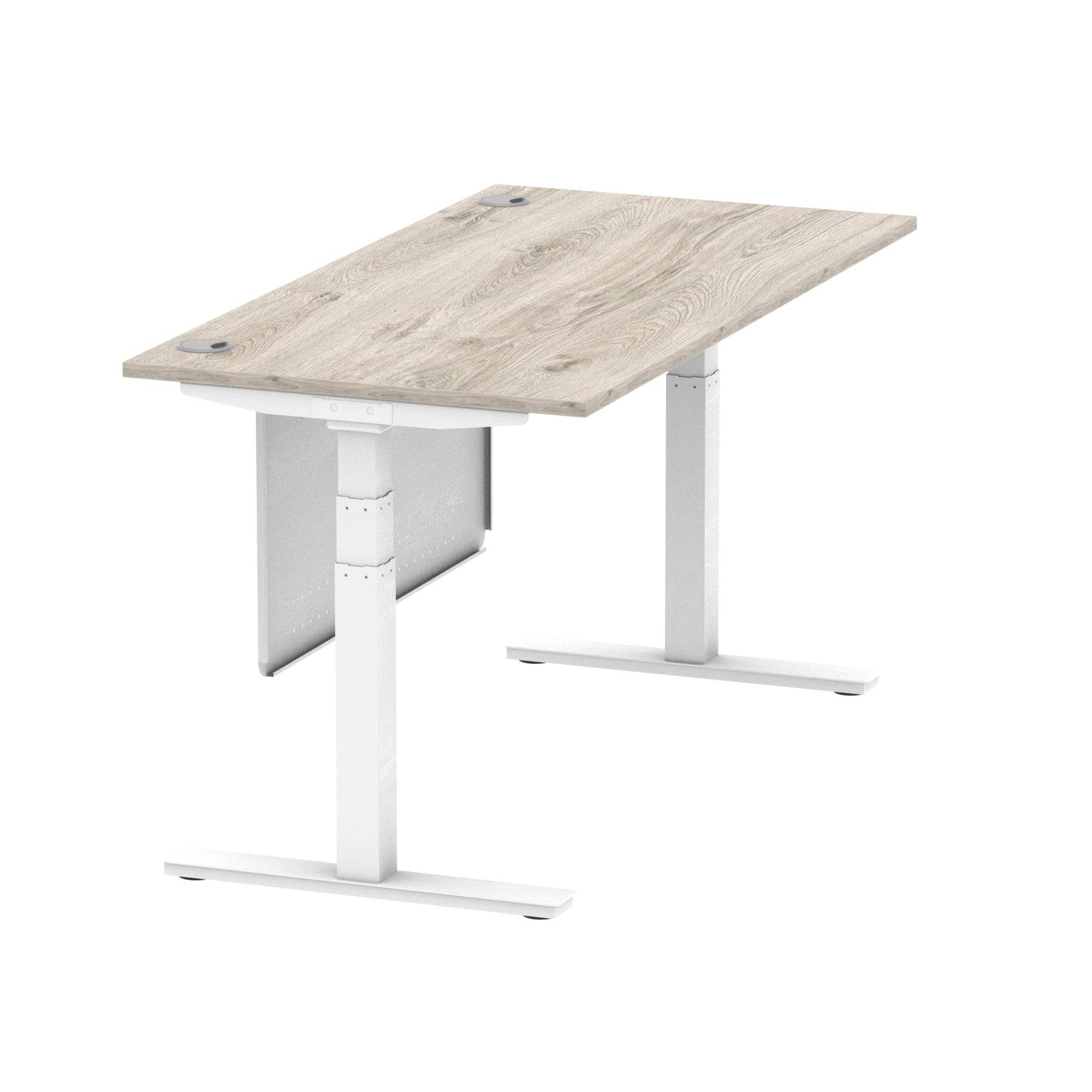 Air Modesty 800mm Height Adjustable Office Desk Grey Oak Top Cable Ports White Leg With White Steel Modesty Panel - Price Crash Furniture