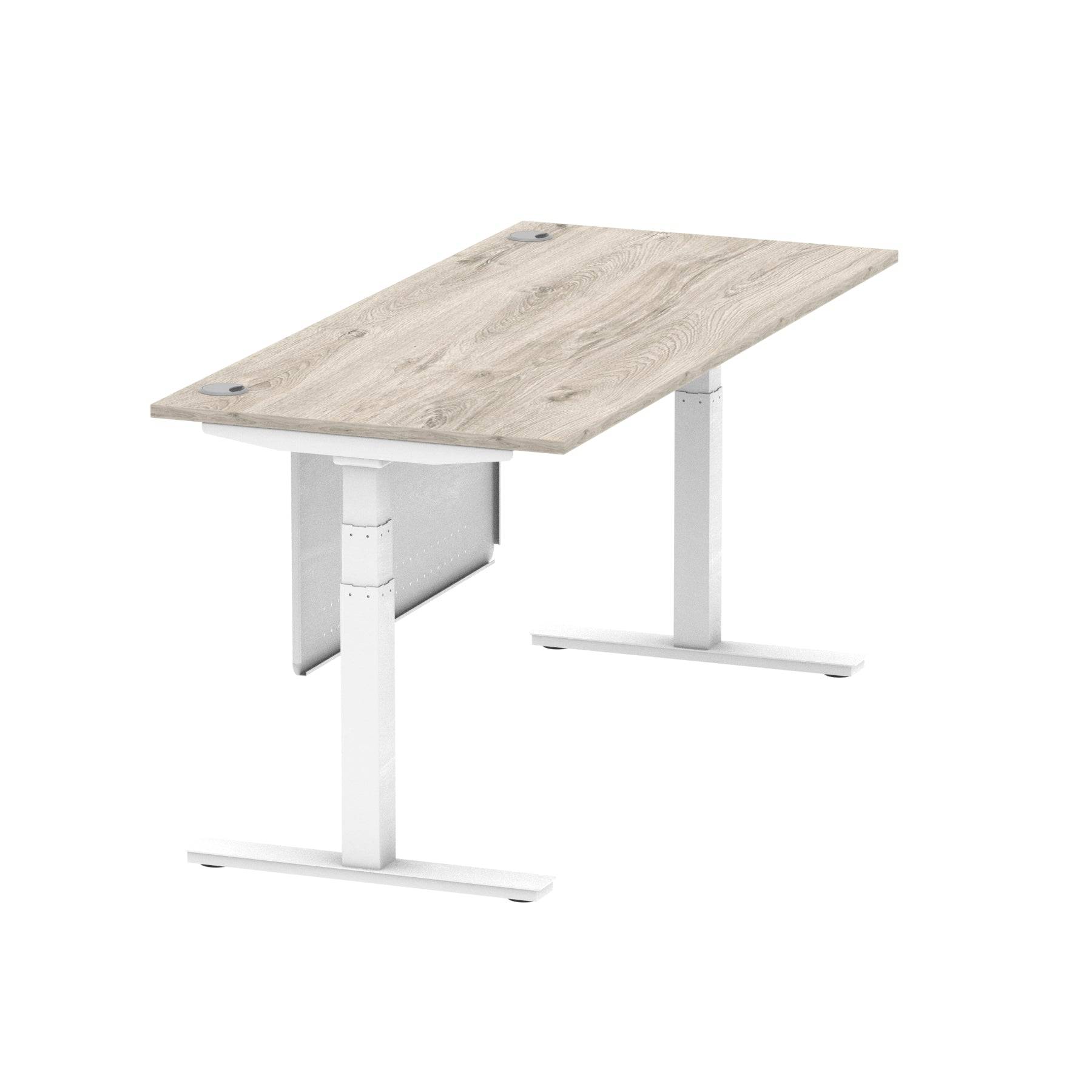 Air Modesty 800mm Height Adjustable Office Desk Grey Oak Top Cable Ports White Leg With White Steel Modesty Panel - Price Crash Furniture