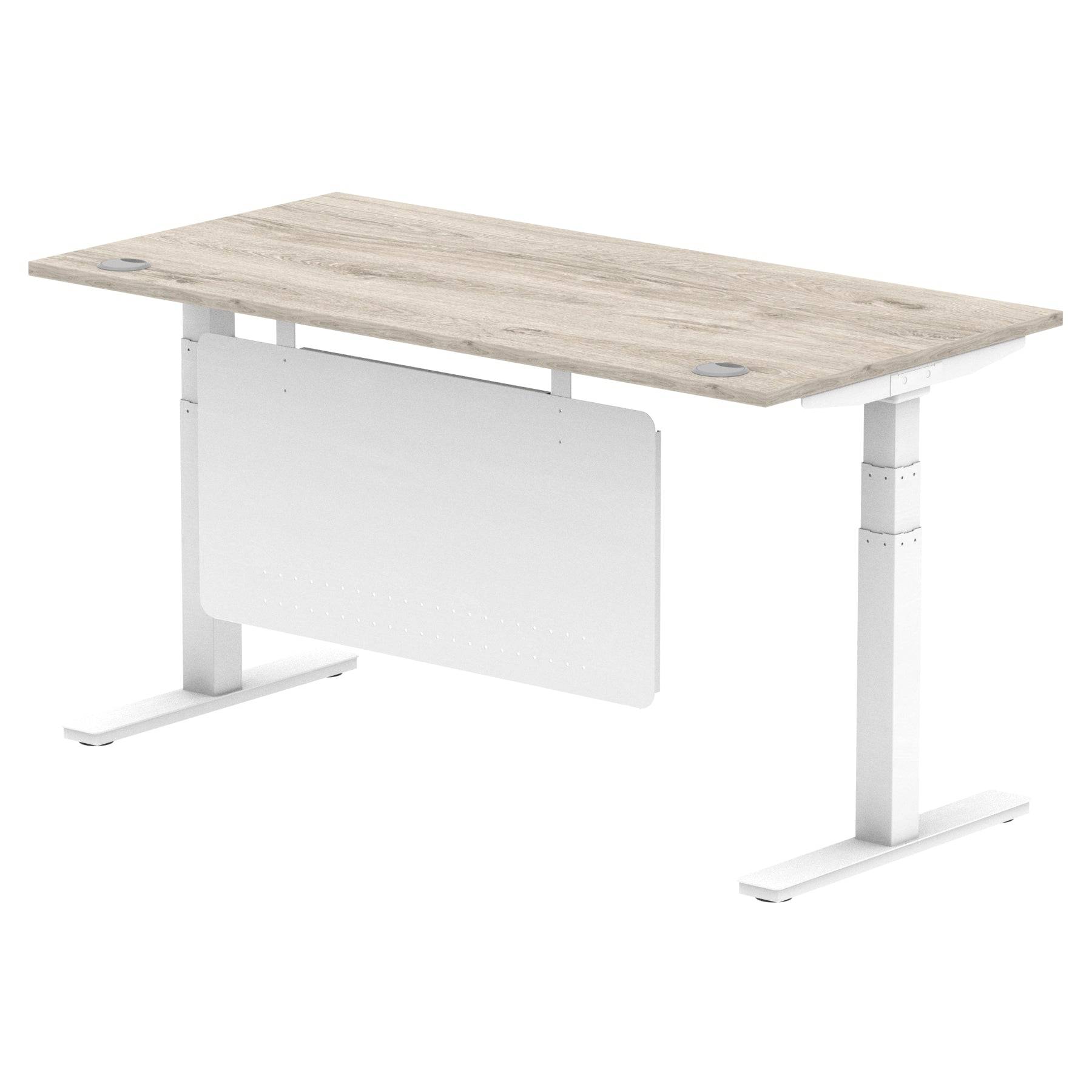 Air Modesty 800mm Height Adjustable Office Desk Grey Oak Top Cable Ports White Leg With White Steel Modesty Panel - Price Crash Furniture