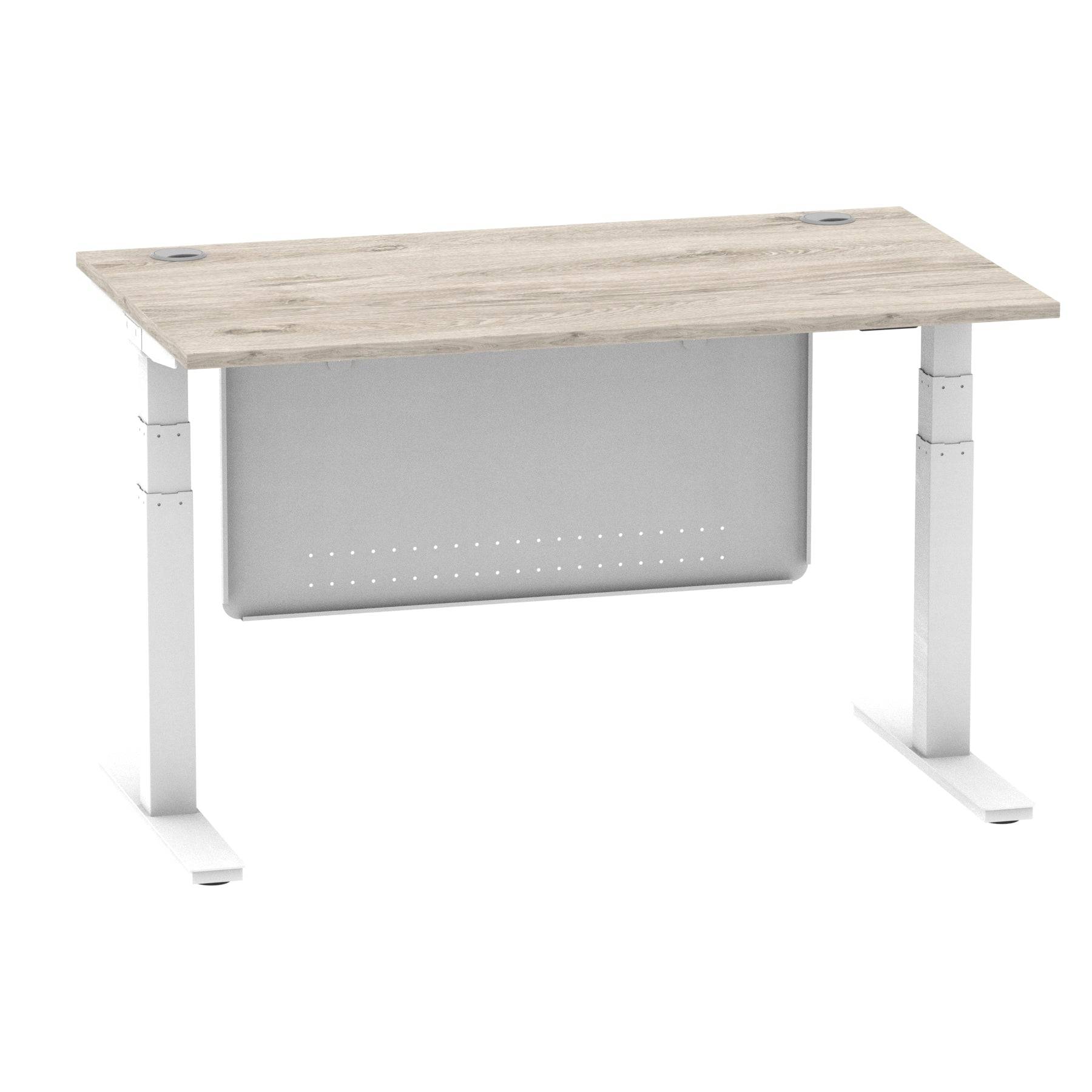 Air Modesty 800mm Height Adjustable Office Desk Grey Oak Top Cable Ports White Leg With White Steel Modesty Panel - Price Crash Furniture