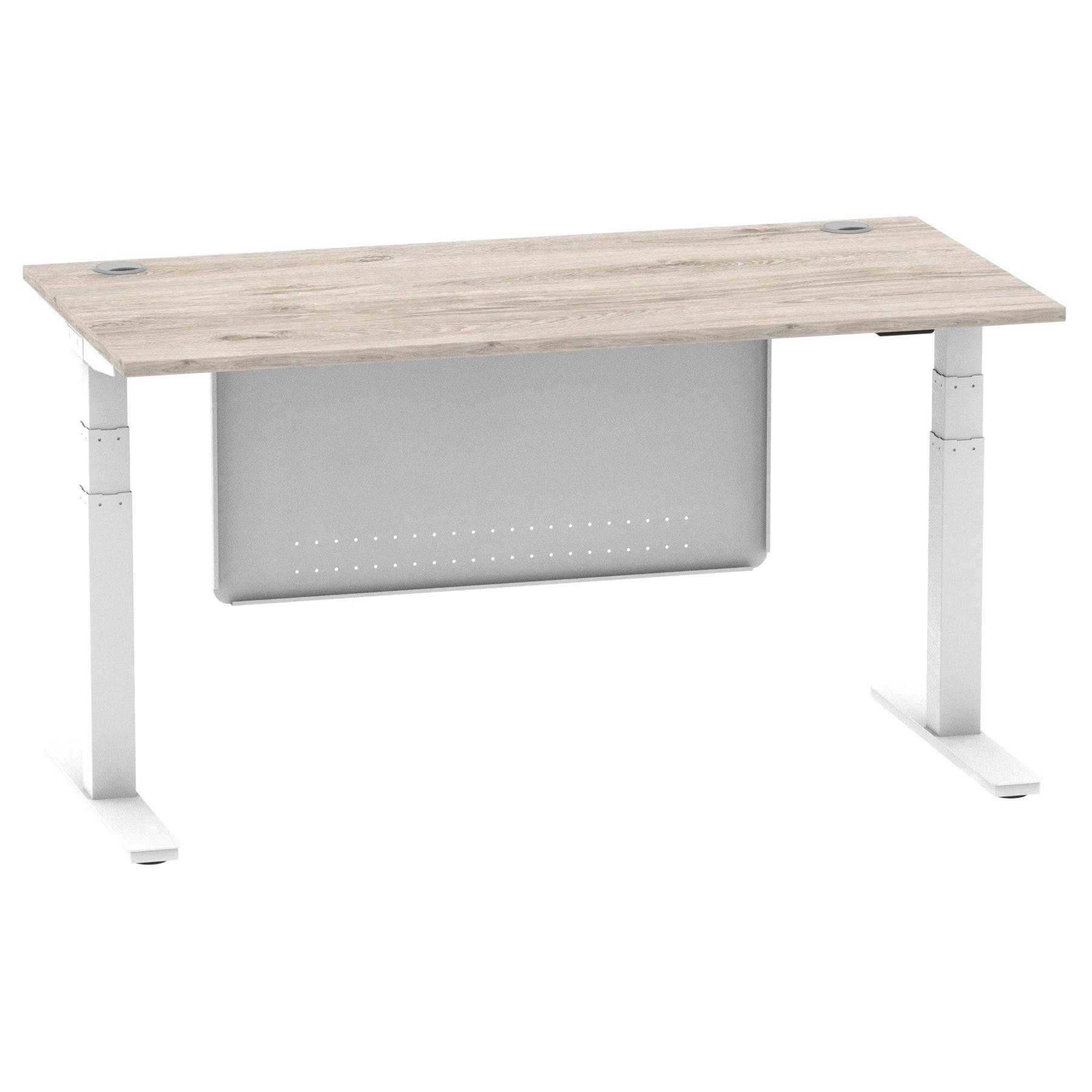 Air Modesty 800mm Height Adjustable Office Desk Grey Oak Top Cable Ports White Leg With White Steel Modesty Panel - Price Crash Furniture