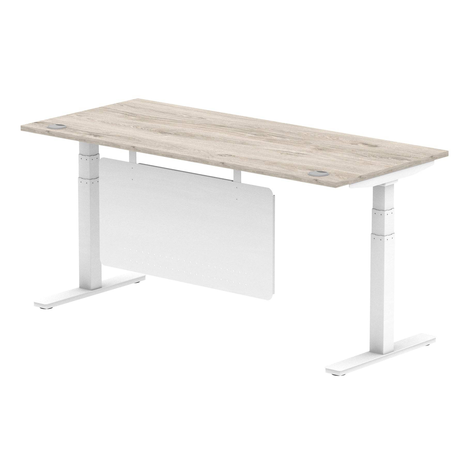 Air Modesty 800mm Height Adjustable Office Desk Grey Oak Top Cable Ports White Leg With White Steel Modesty Panel - Price Crash Furniture