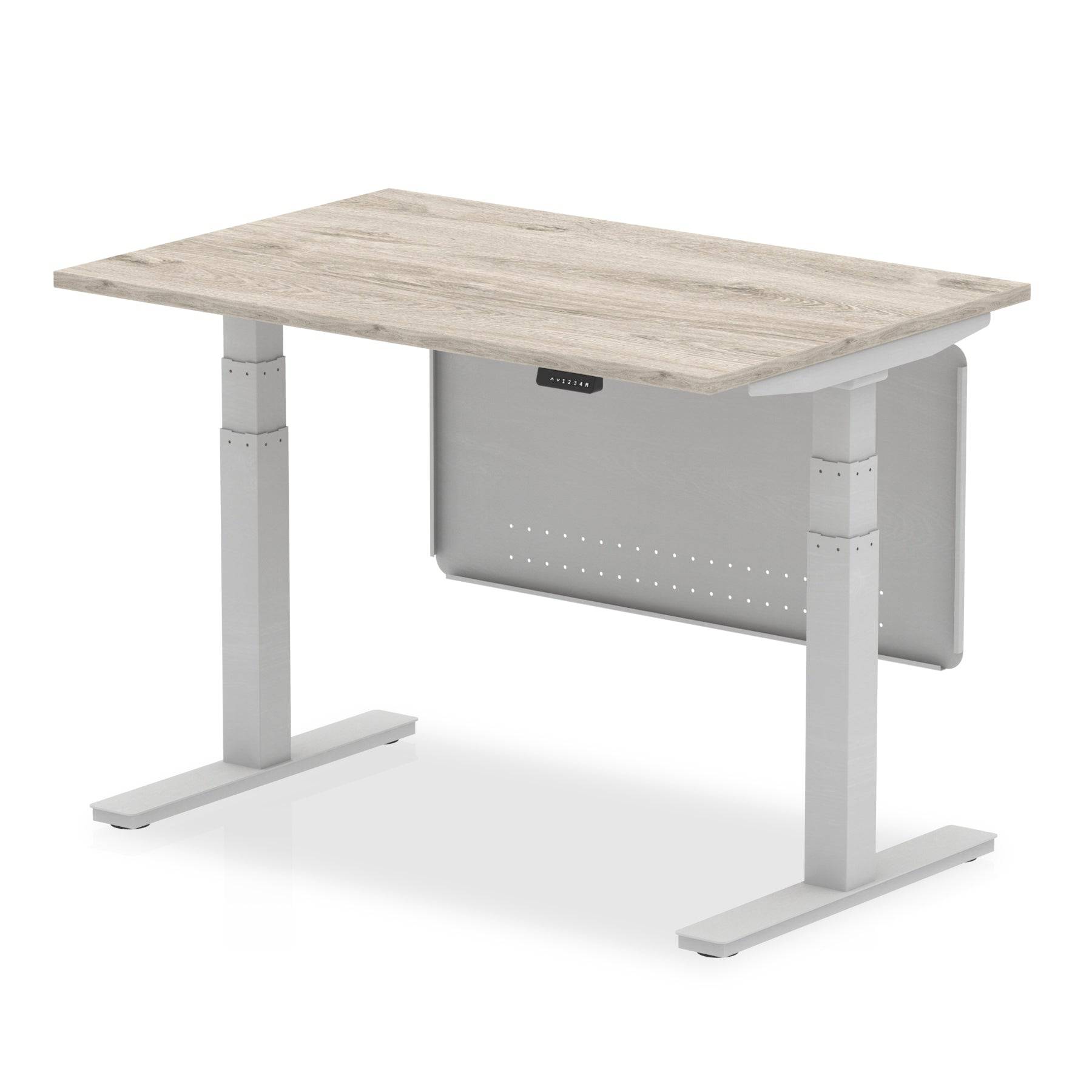 Air Modesty 800mm Height Adjustable Office Desk Grey Oak Top Silver Leg With Silver Steel Modesty Panel - Price Crash Furniture