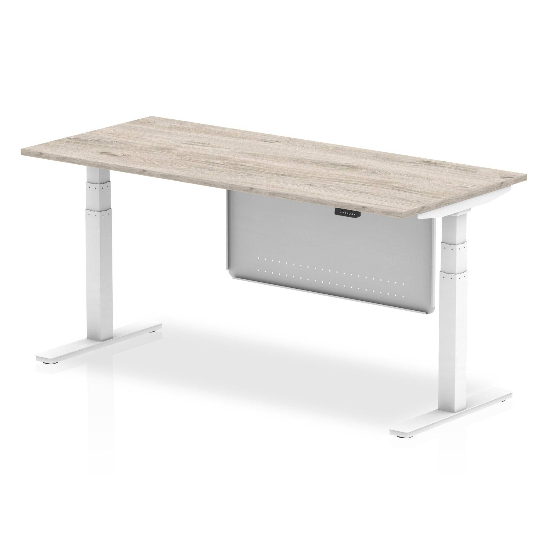 Air Modesty 800mm Height Adjustable Office Desk Grey Oak Top White Leg With White Steel Modesty Panel - Price Crash Furniture