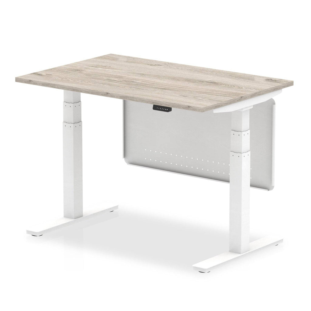 Air Modesty 800mm Height Adjustable Office Desk Grey Oak Top White Leg With White Steel Modesty Panel - Price Crash Furniture