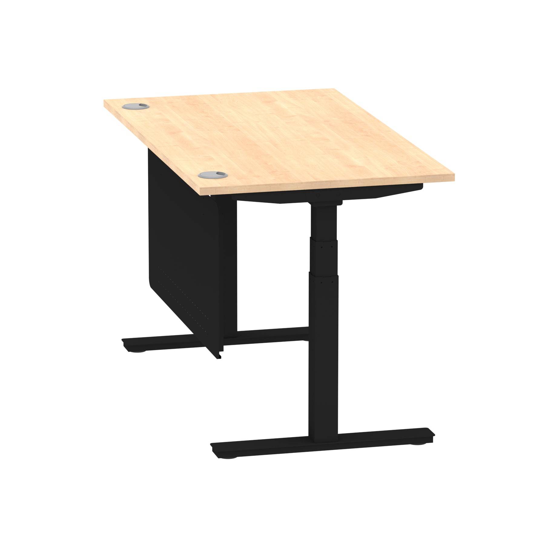 Air Modesty 800mm Height Adjustable Office Desk Maple Top Cable Ports Black Leg With Black Steel Modesty Panel - Price Crash Furniture