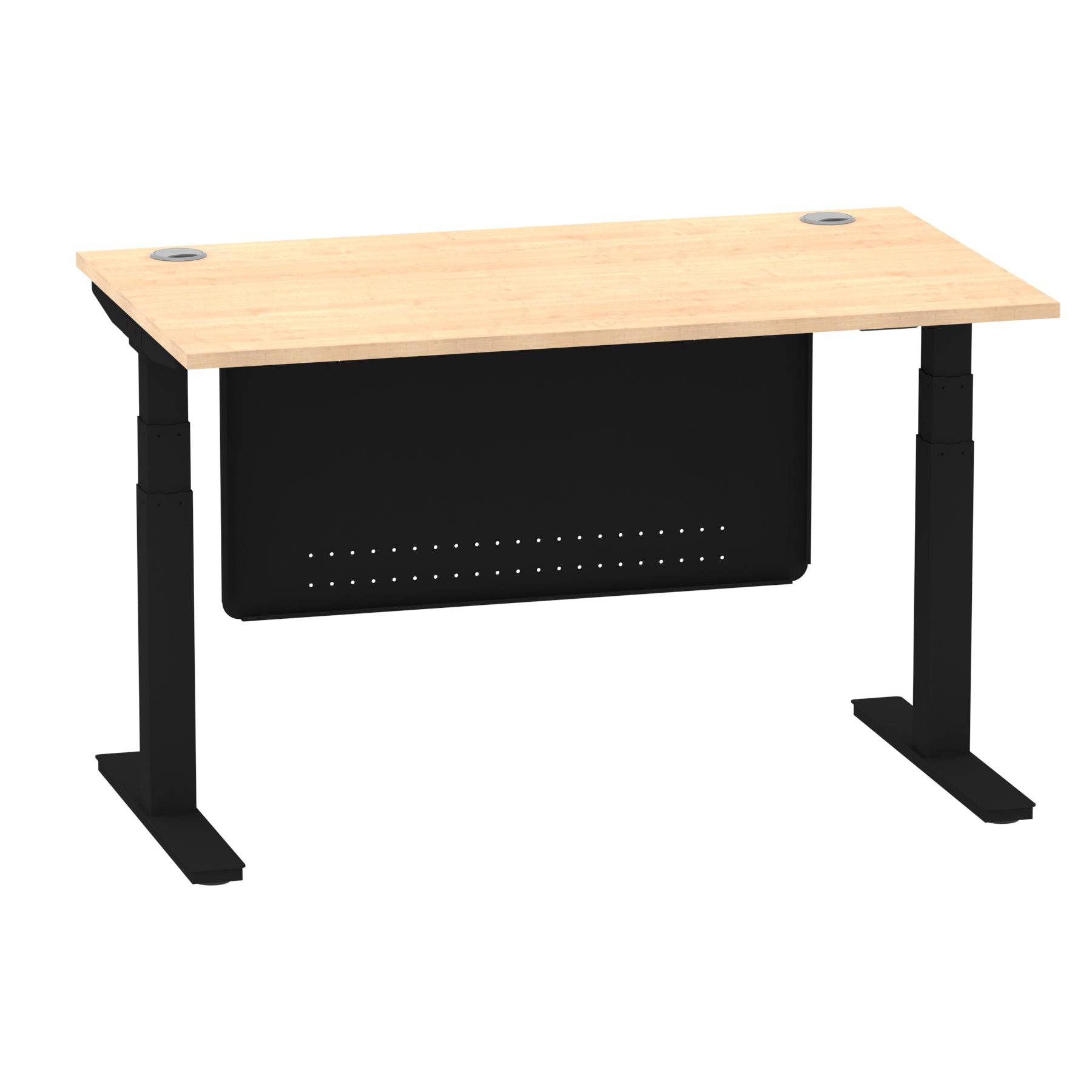 Air Modesty 800mm Height Adjustable Office Desk Maple Top Cable Ports Black Leg With Black Steel Modesty Panel - Price Crash Furniture