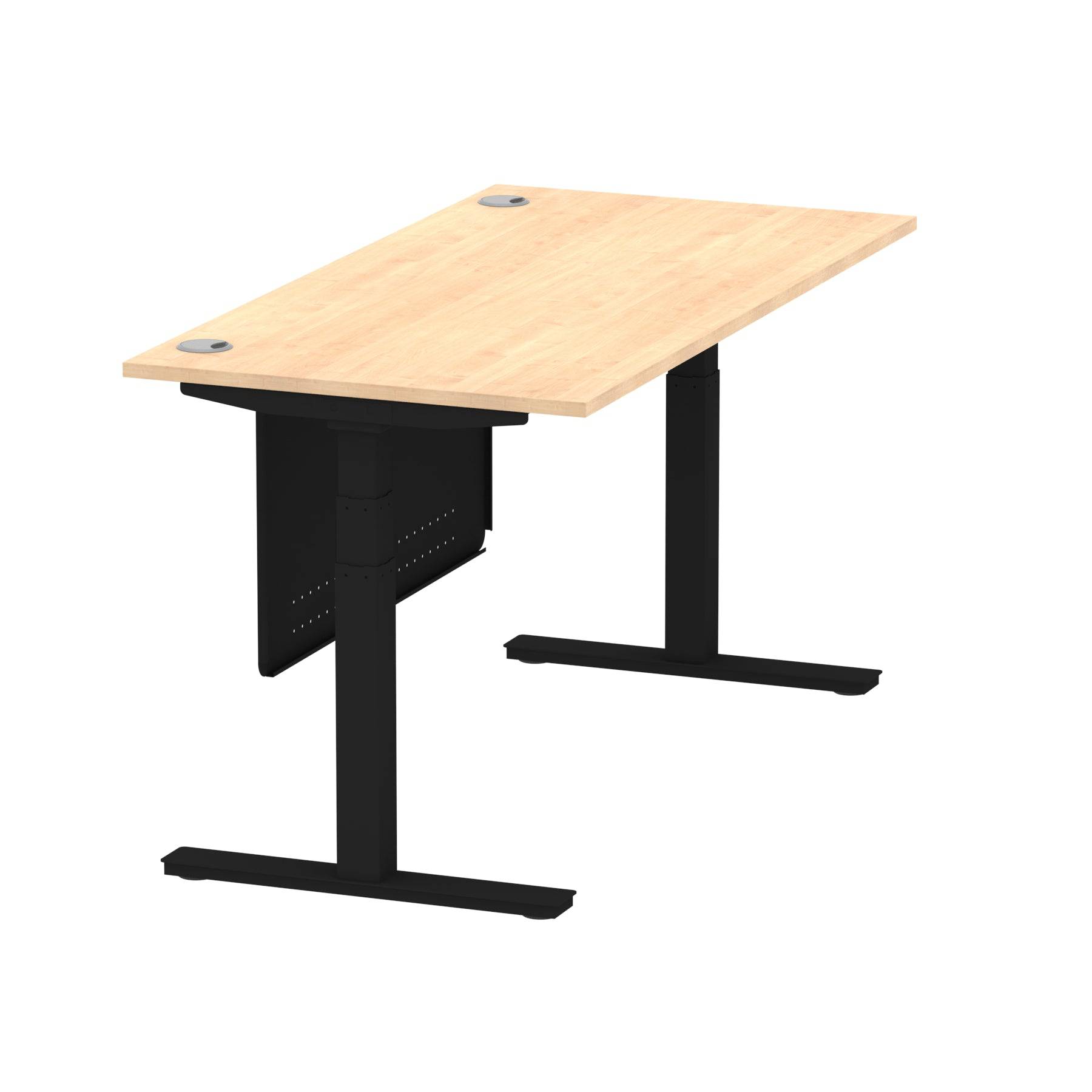 Air Modesty 800mm Height Adjustable Office Desk Maple Top Cable Ports Black Leg With Black Steel Modesty Panel - Price Crash Furniture