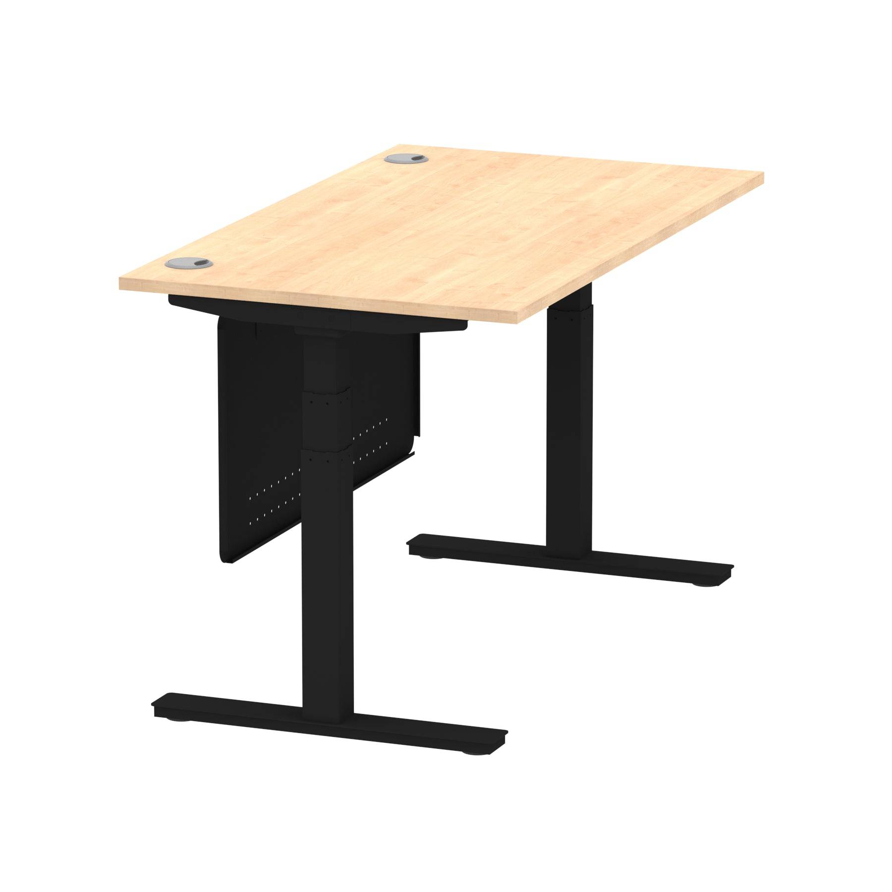 Air Modesty 800mm Height Adjustable Office Desk Maple Top Cable Ports Black Leg With Black Steel Modesty Panel - Price Crash Furniture