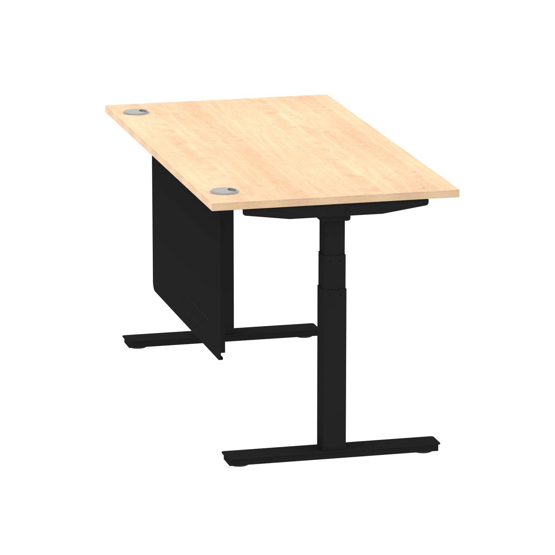 Air Modesty 800mm Height Adjustable Office Desk Maple Top Cable Ports Black Leg With Black Steel Modesty Panel - Price Crash Furniture