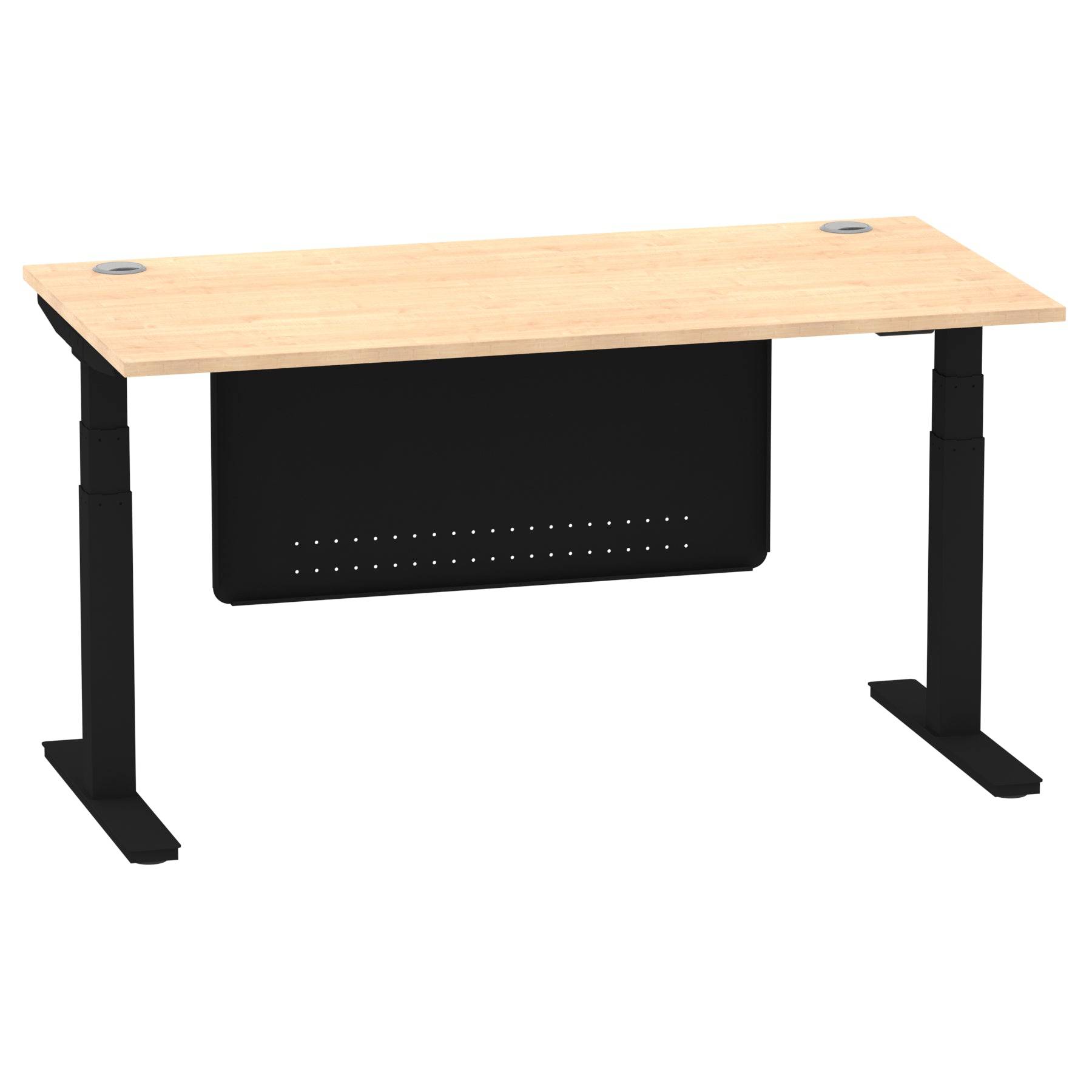 Air Modesty 800mm Height Adjustable Office Desk Maple Top Cable Ports Black Leg With Black Steel Modesty Panel - Price Crash Furniture