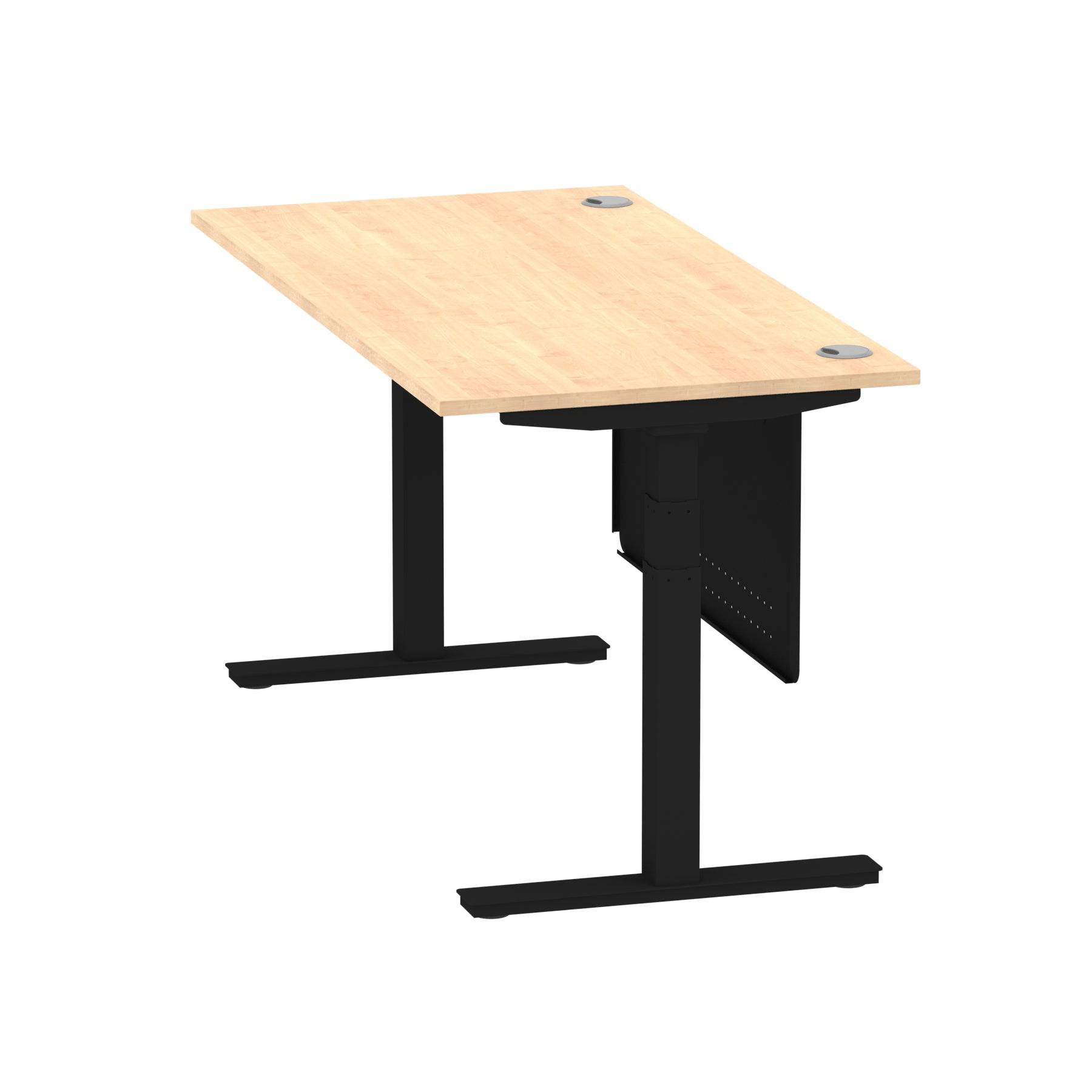 Air Modesty 800mm Height Adjustable Office Desk Maple Top Cable Ports Black Leg With Black Steel Modesty Panel - Price Crash Furniture