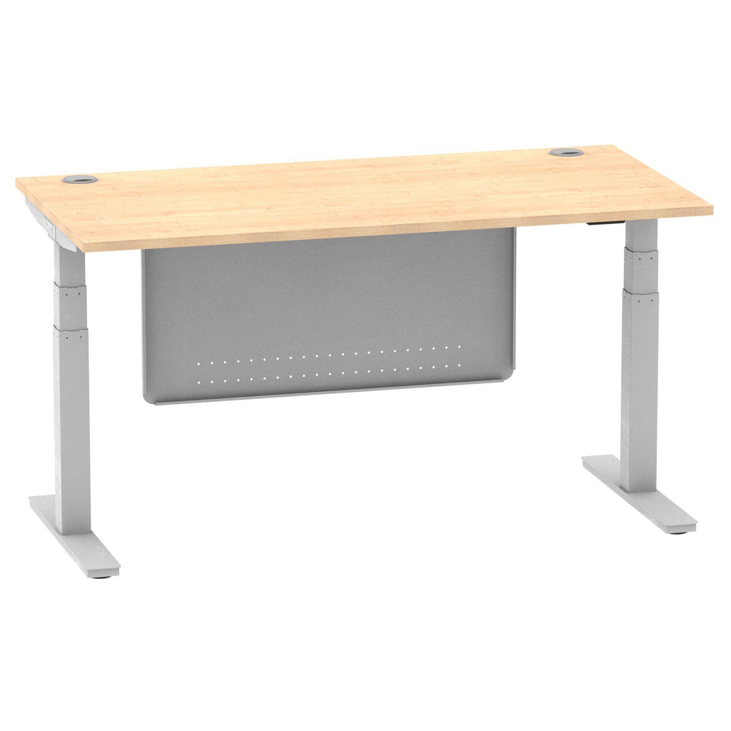 Air Modesty 800mm Height Adjustable Office Desk Maple Top Cable Ports Silver Leg With Silver Steel Modesty Panel - Price Crash Furniture