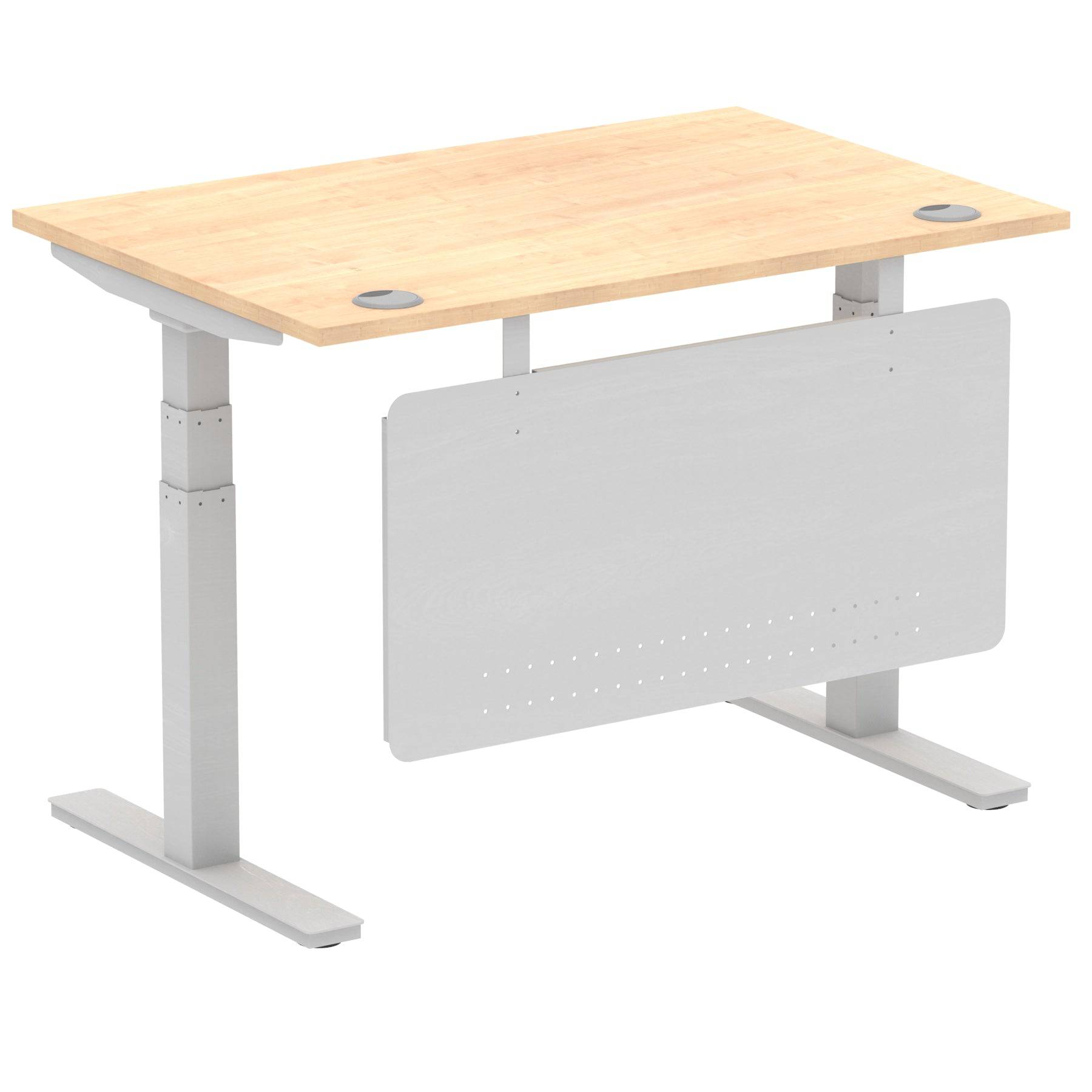 Air Modesty 800mm Height Adjustable Office Desk Maple Top Cable Ports Silver Leg With Silver Steel Modesty Panel - Price Crash Furniture