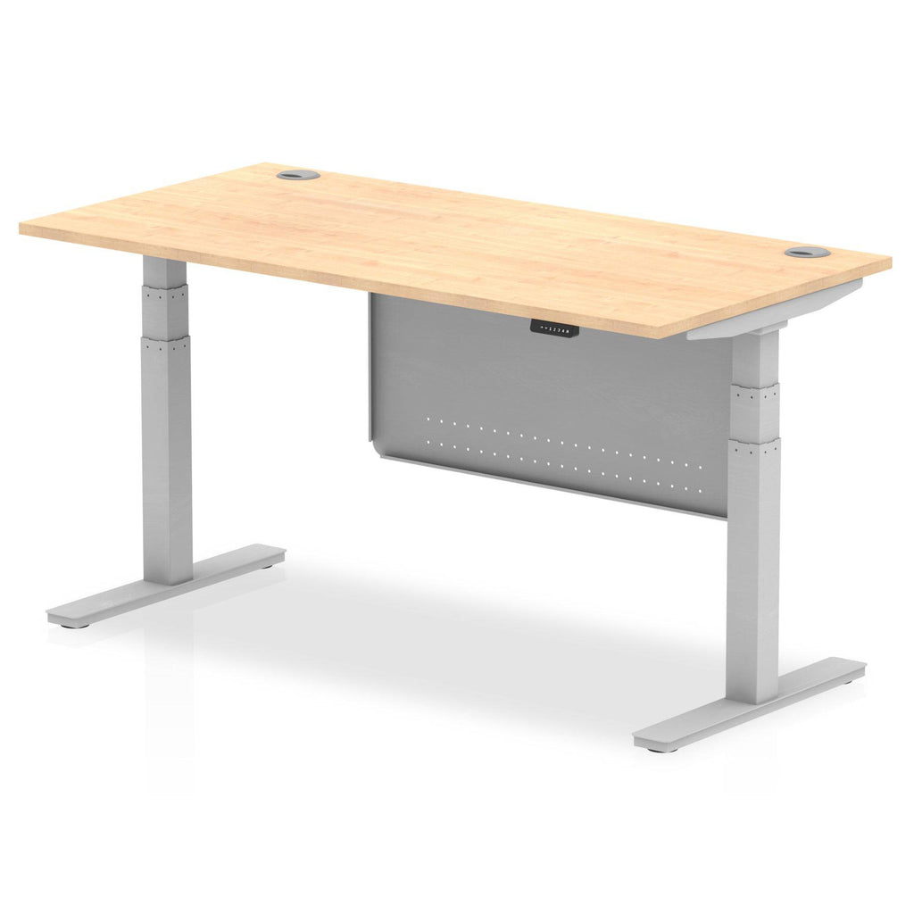 Air Modesty 800mm Height Adjustable Office Desk Maple Top Cable Ports Silver Leg With Silver Steel Modesty Panel - Price Crash Furniture