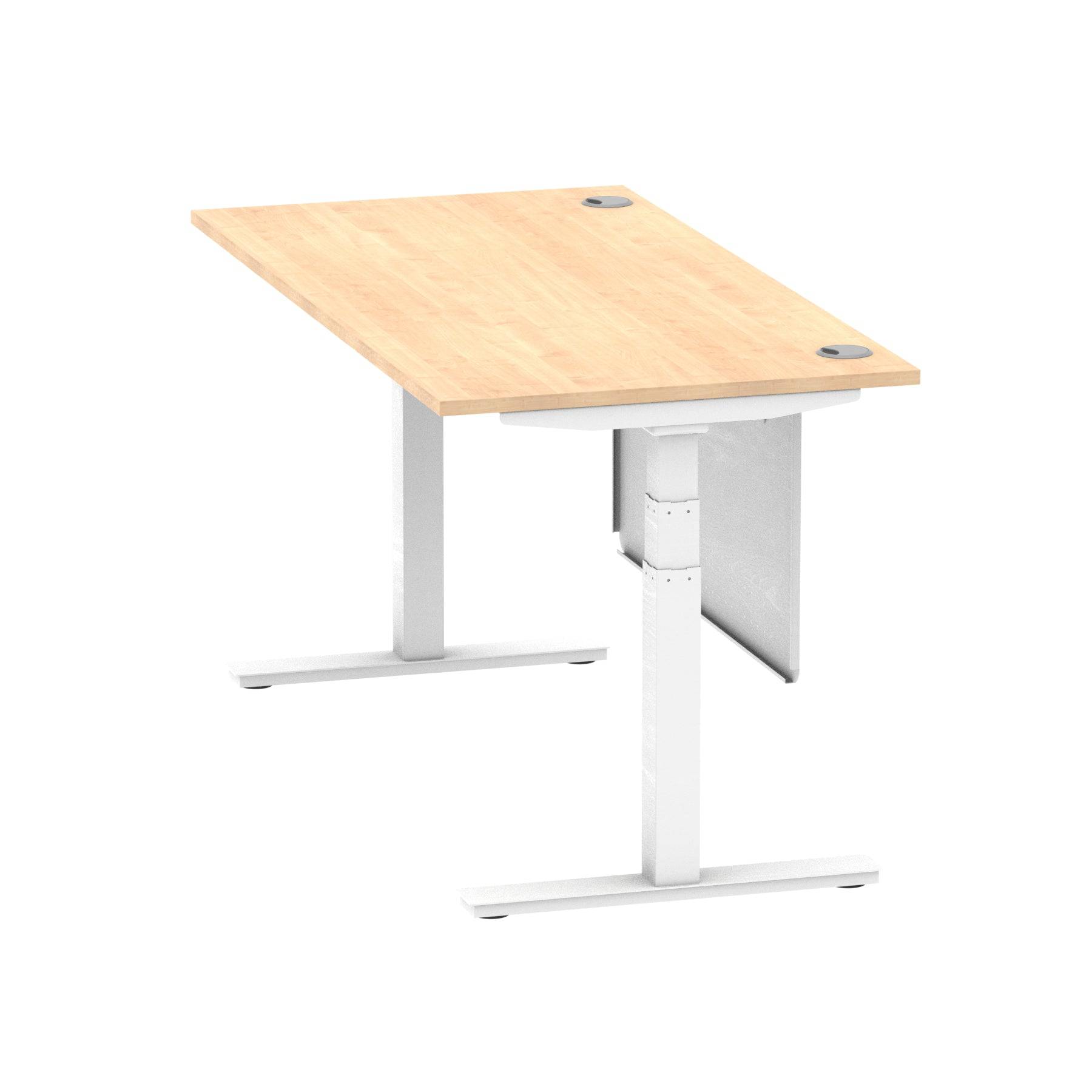 Air Modesty 800mm Height Adjustable Office Desk Maple Top Cable Ports White Leg With White Steel Modesty Panel - Price Crash Furniture