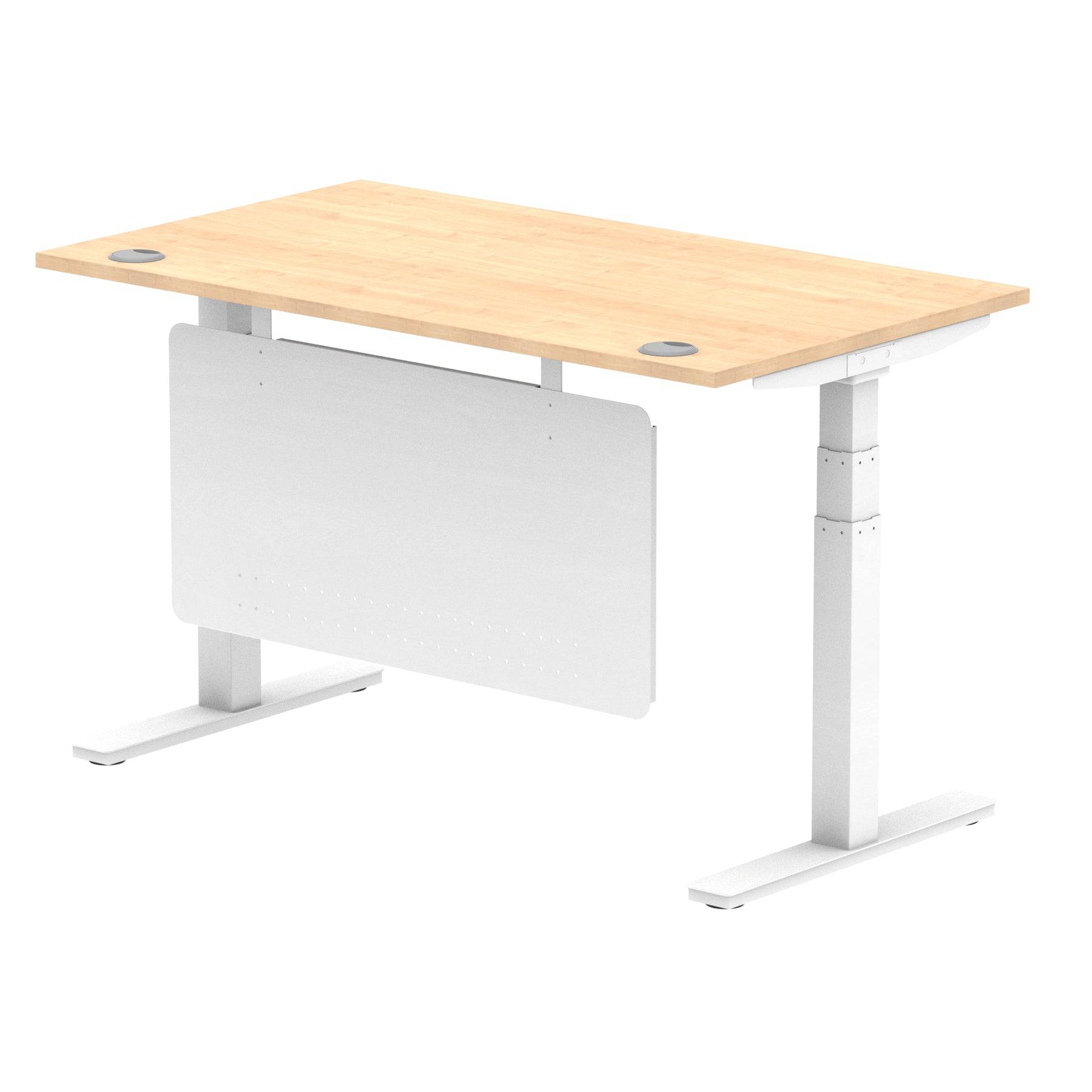 Air Modesty 800mm Height Adjustable Office Desk Maple Top Cable Ports White Leg With White Steel Modesty Panel - Price Crash Furniture