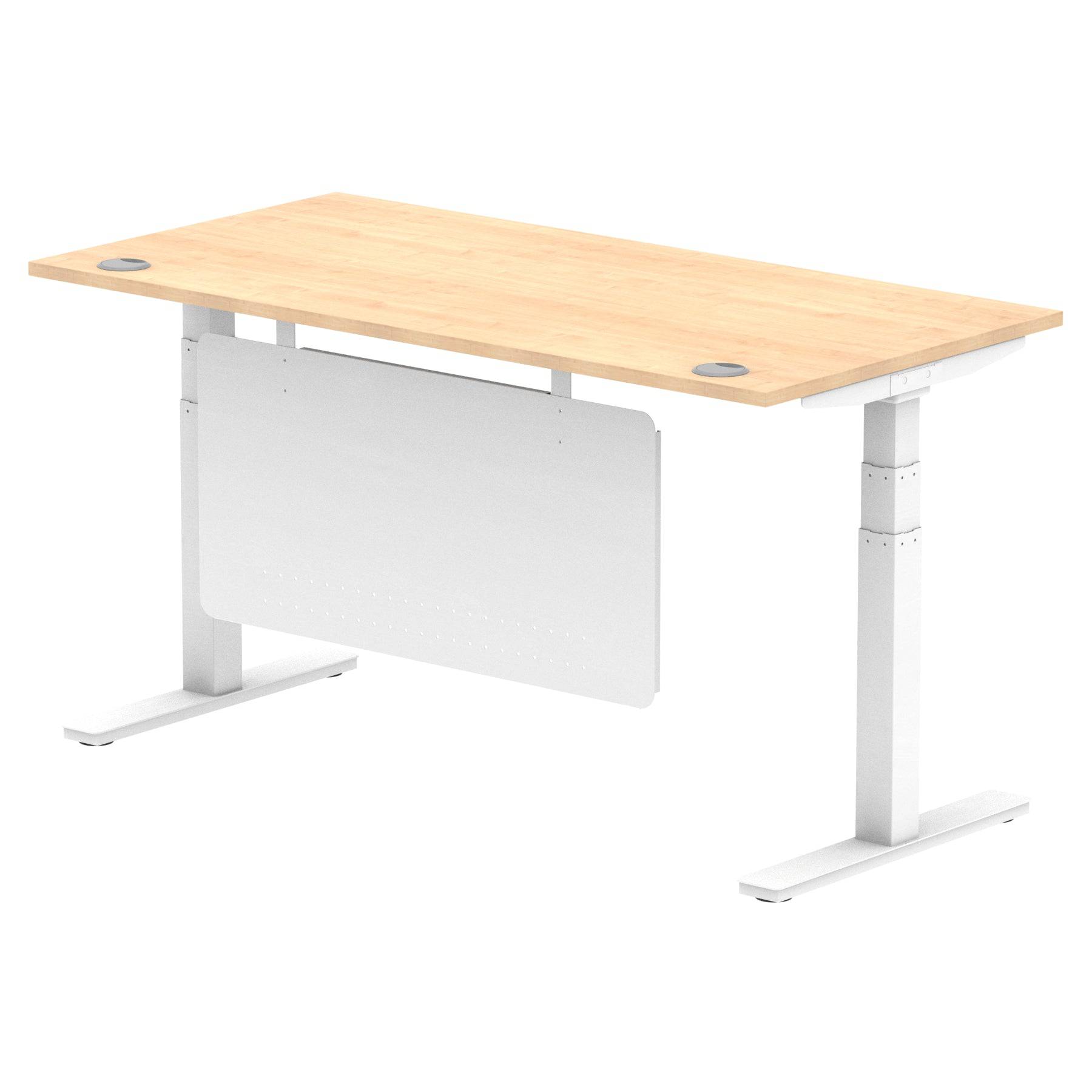 Air Modesty 800mm Height Adjustable Office Desk Maple Top Cable Ports White Leg With White Steel Modesty Panel - Price Crash Furniture