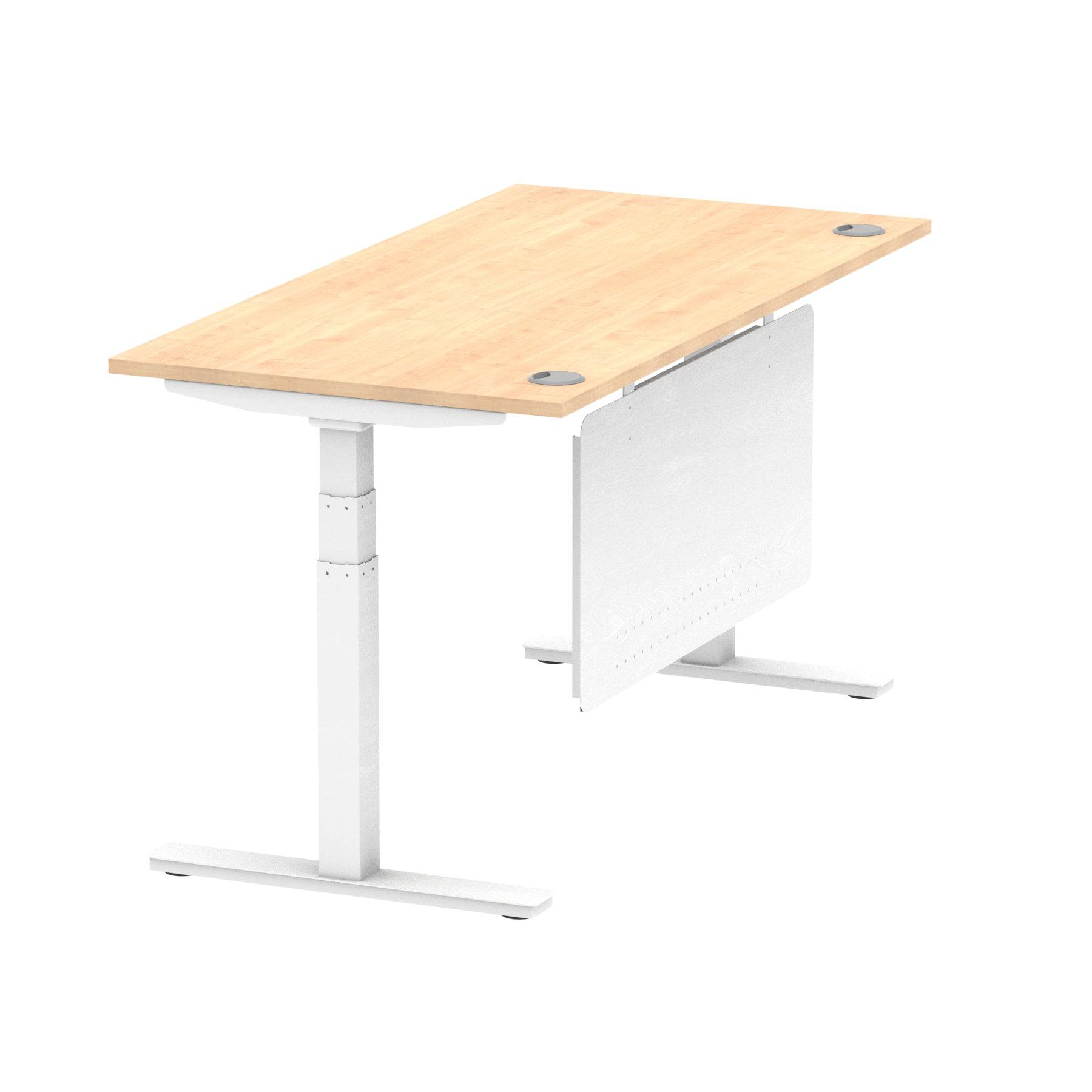 Air Modesty 800mm Height Adjustable Office Desk Maple Top Cable Ports White Leg With White Steel Modesty Panel - Price Crash Furniture