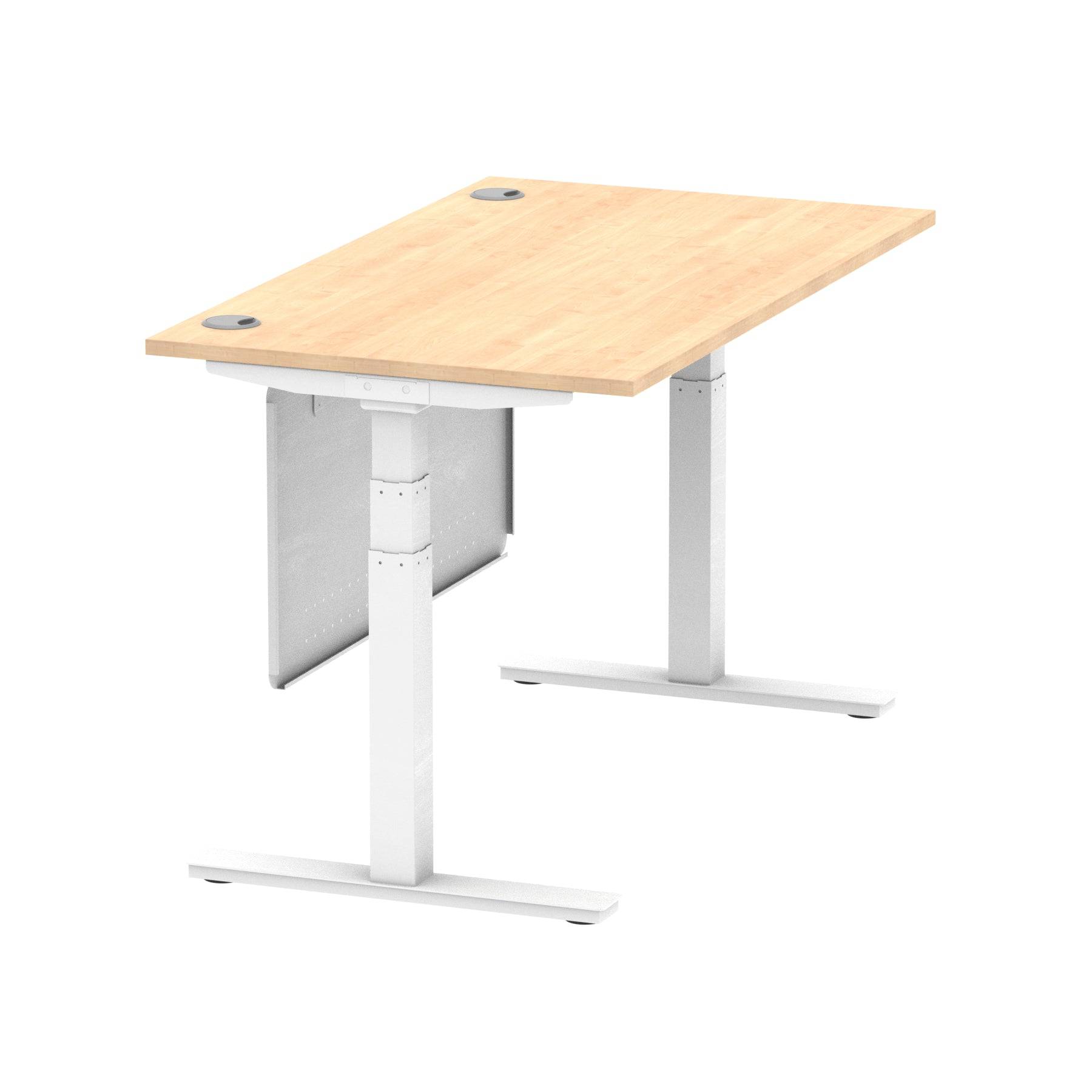 Air Modesty 800mm Height Adjustable Office Desk Maple Top Cable Ports White Leg With White Steel Modesty Panel - Price Crash Furniture