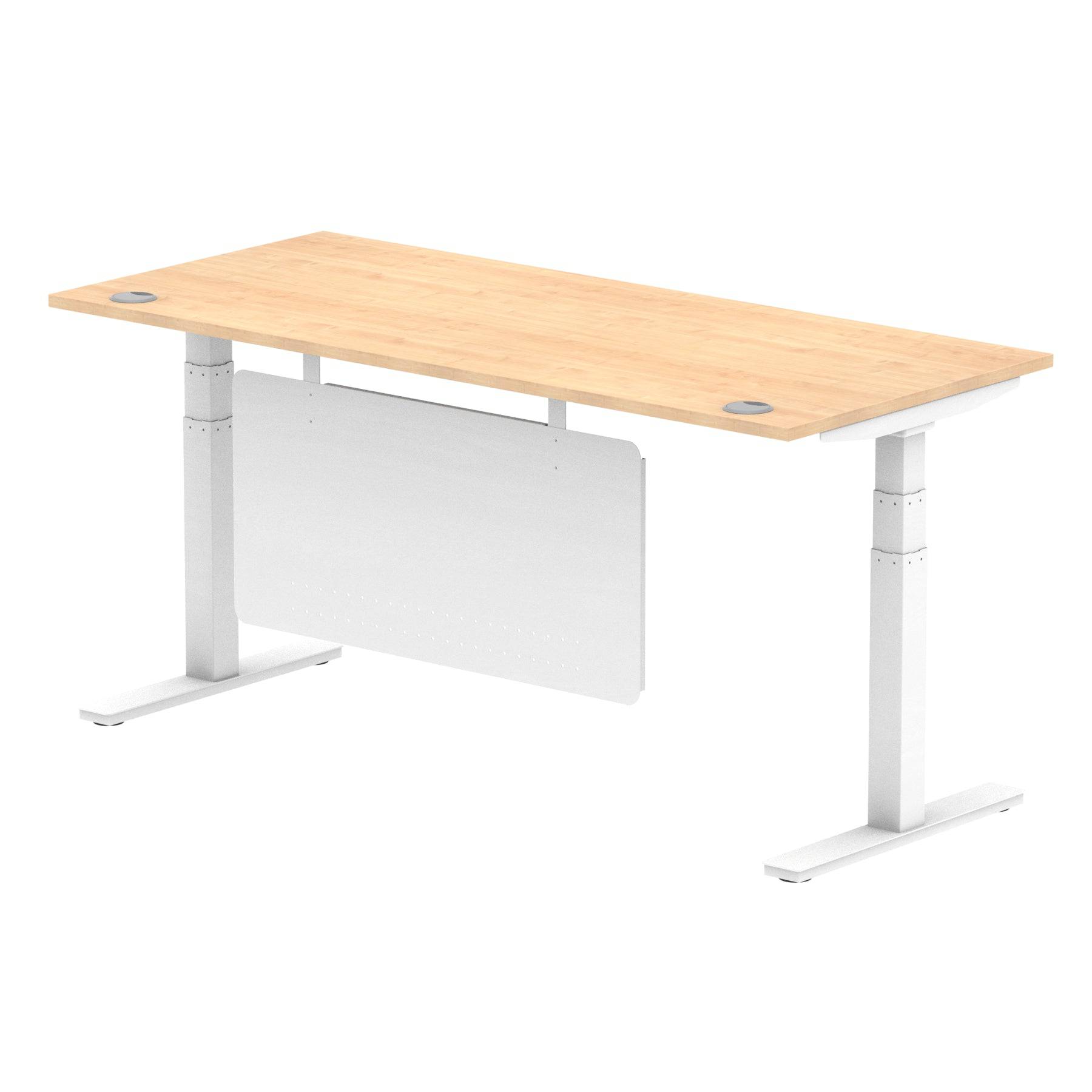 Air Modesty 800mm Height Adjustable Office Desk Maple Top Cable Ports White Leg With White Steel Modesty Panel - Price Crash Furniture