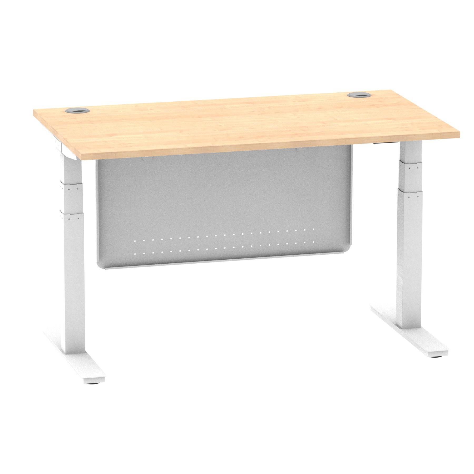 Air Modesty 800mm Height Adjustable Office Desk Maple Top Cable Ports White Leg With White Steel Modesty Panel - Price Crash Furniture