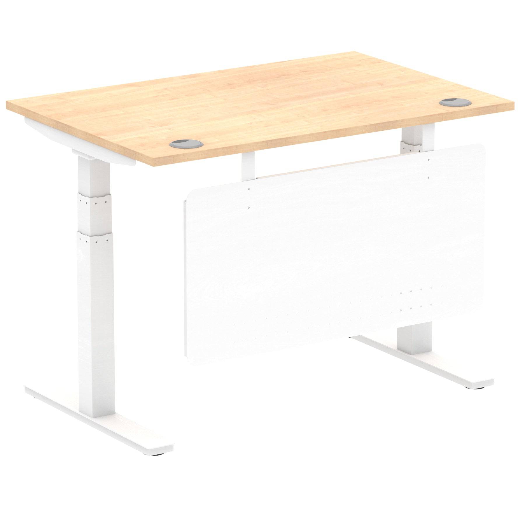 Air Modesty 800mm Height Adjustable Office Desk Maple Top Cable Ports White Leg With White Steel Modesty Panel - Price Crash Furniture