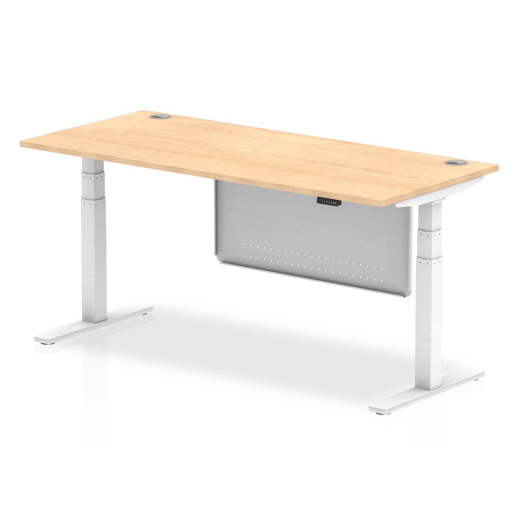 Air Modesty 800mm Height Adjustable Office Desk Maple Top Cable Ports White Leg With White Steel Modesty Panel - Price Crash Furniture