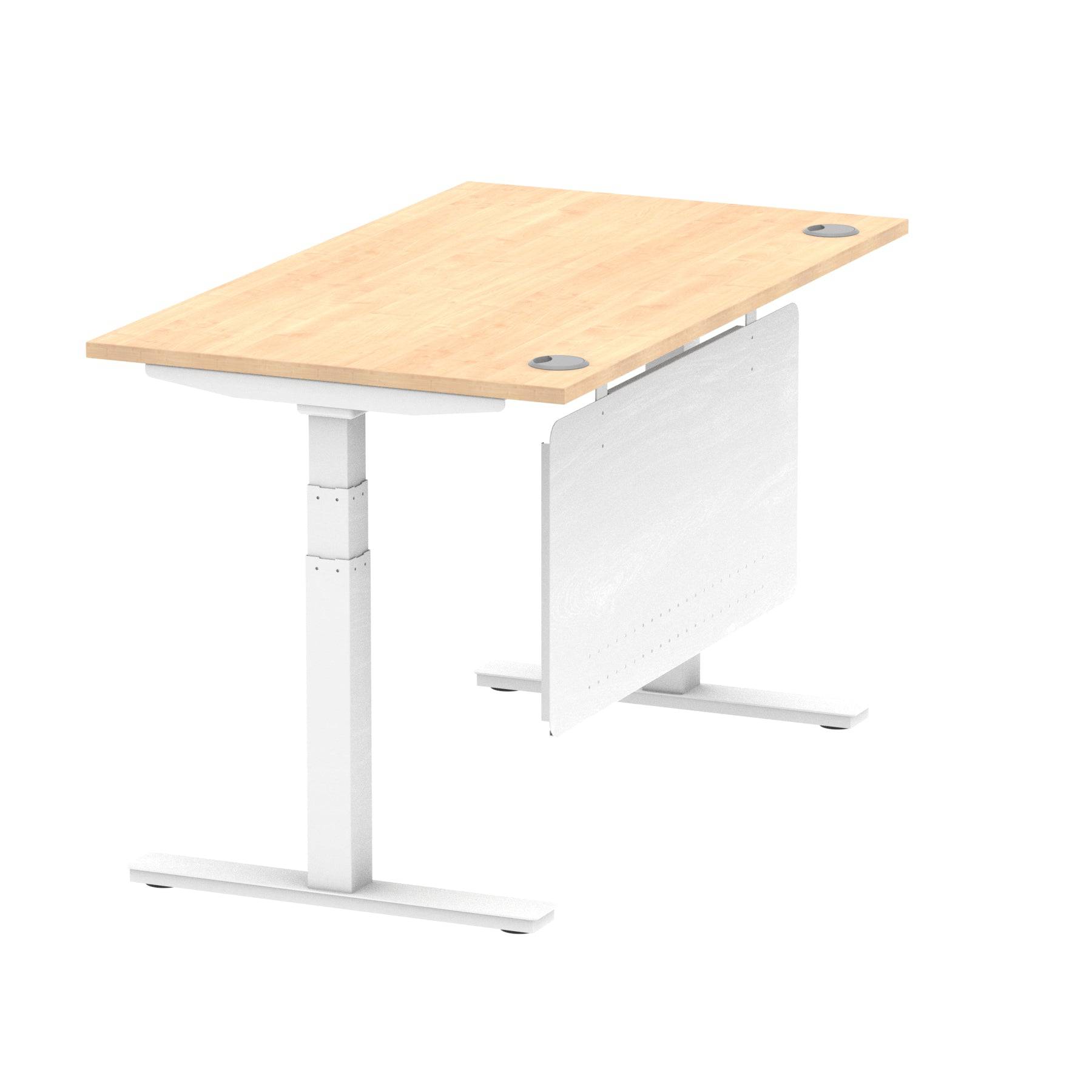 Air Modesty 800mm Height Adjustable Office Desk Maple Top Cable Ports White Leg With White Steel Modesty Panel - Price Crash Furniture