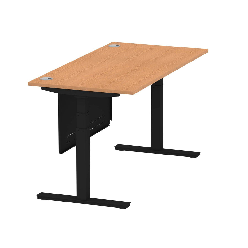 Air Modesty 800mm Height Adjustable Office Desk Oak Top Cable Ports Black Leg With Black Steel Modesty Panel - Price Crash Furniture