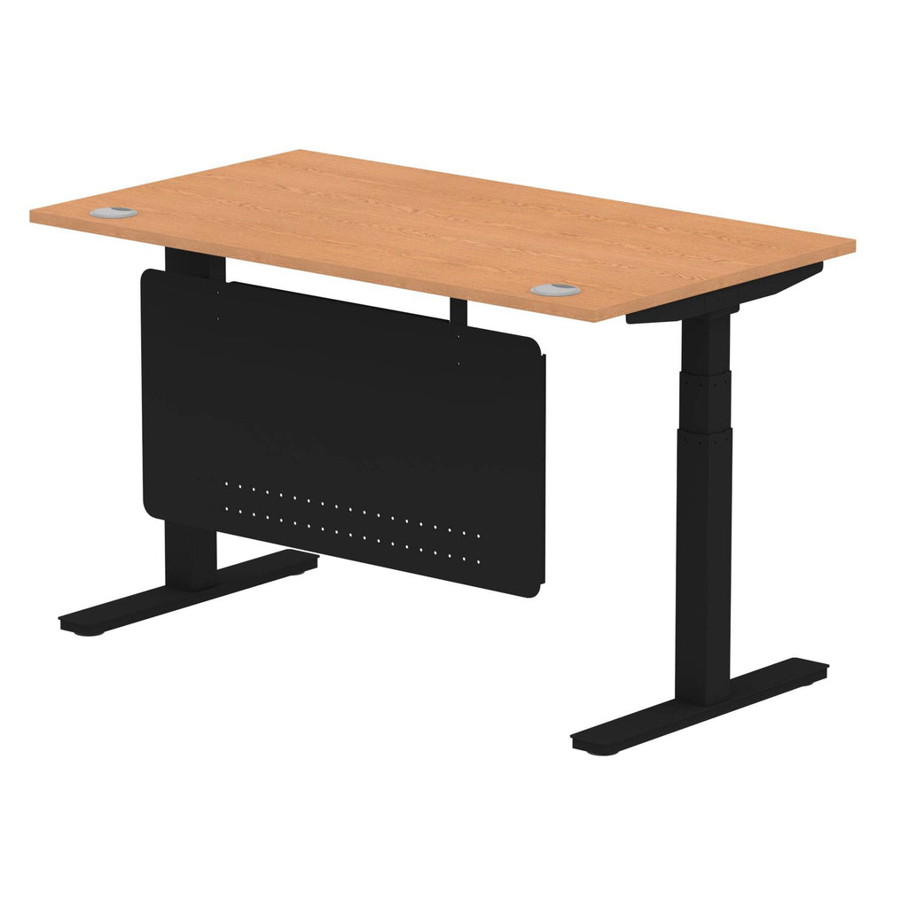 Air Modesty 800mm Height Adjustable Office Desk Oak Top Cable Ports Black Leg With Black Steel Modesty Panel - Price Crash Furniture