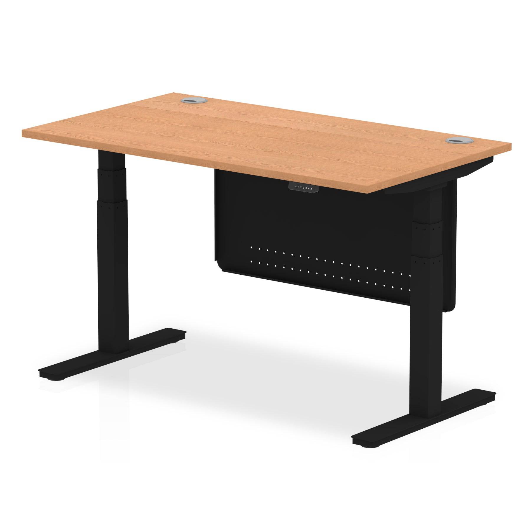 Air Modesty 800mm Height Adjustable Office Desk Oak Top Cable Ports Black Leg With Black Steel Modesty Panel - Price Crash Furniture