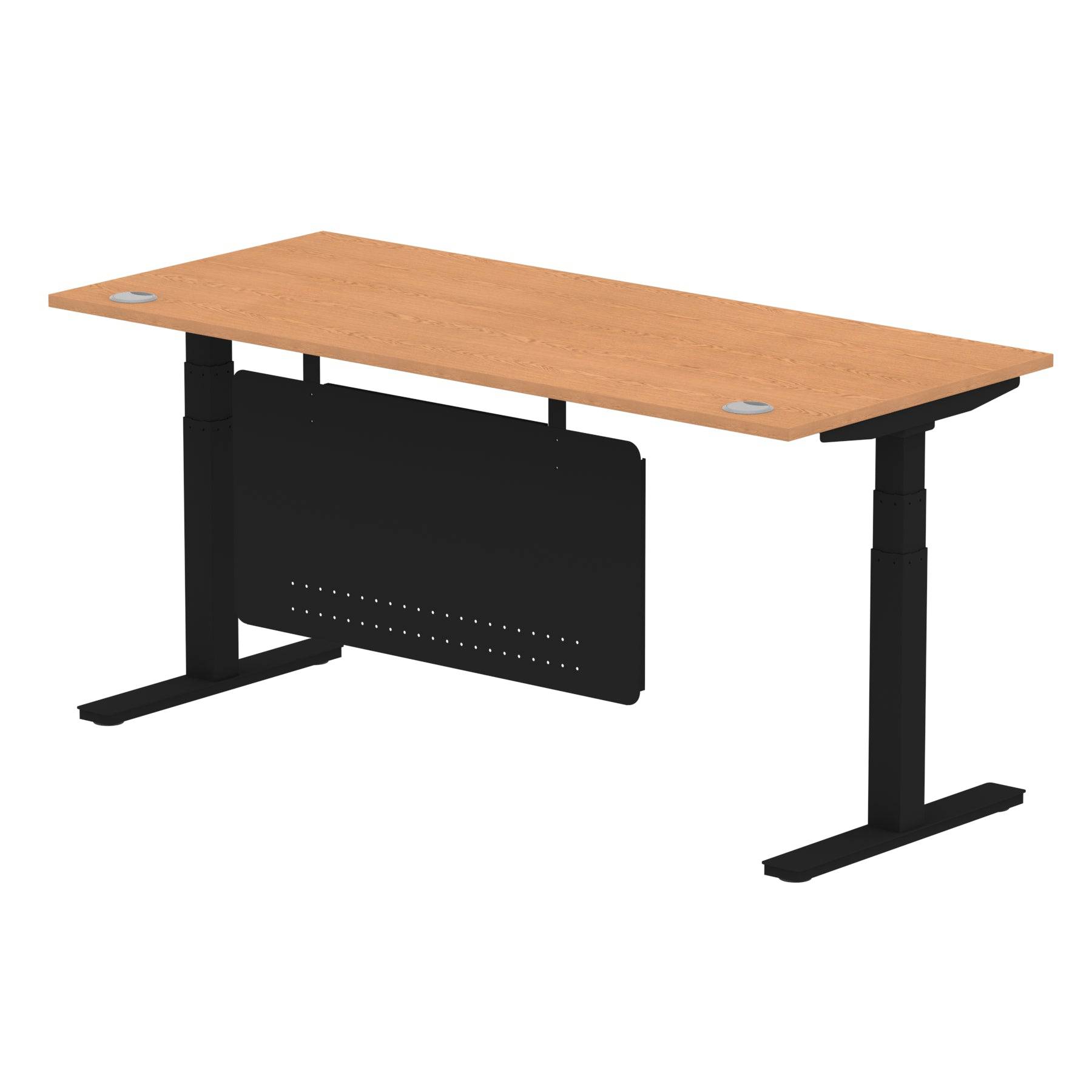 Air Modesty 800mm Height Adjustable Office Desk Oak Top Cable Ports Black Leg With Black Steel Modesty Panel - Price Crash Furniture