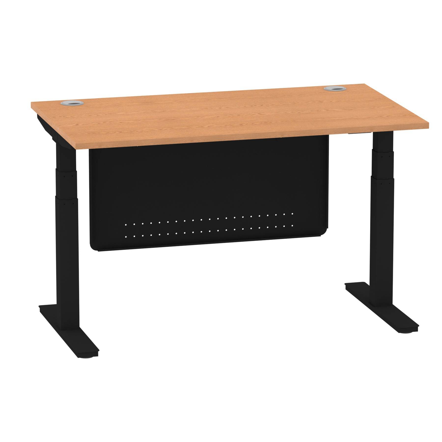 Air Modesty 800mm Height Adjustable Office Desk Oak Top Cable Ports Black Leg With Black Steel Modesty Panel - Price Crash Furniture