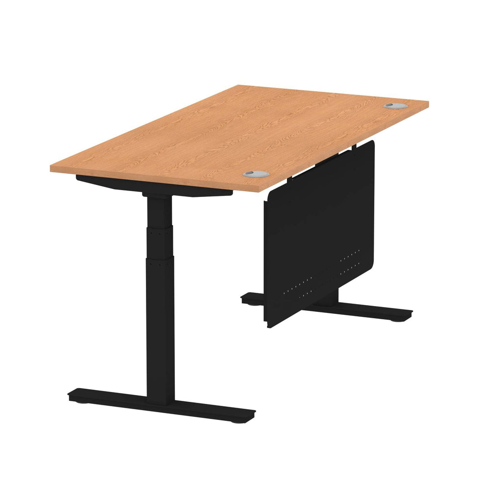 Air Modesty 800mm Height Adjustable Office Desk Oak Top Cable Ports Black Leg With Black Steel Modesty Panel - Price Crash Furniture