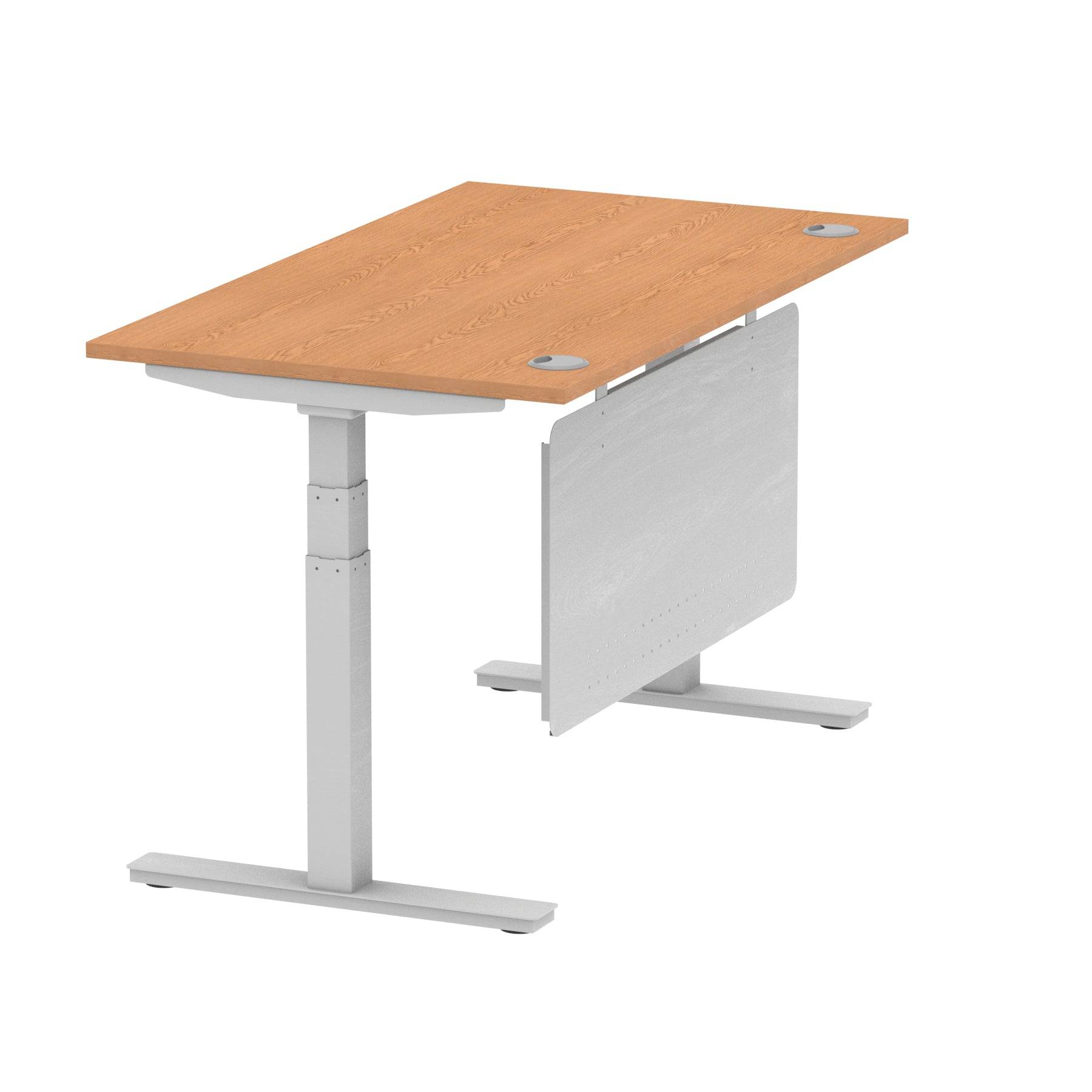 Air Modesty 800mm Height Adjustable Office Desk Oak Top Cable Ports Silver Leg With Silver Steel Modesty Panel - Price Crash Furniture