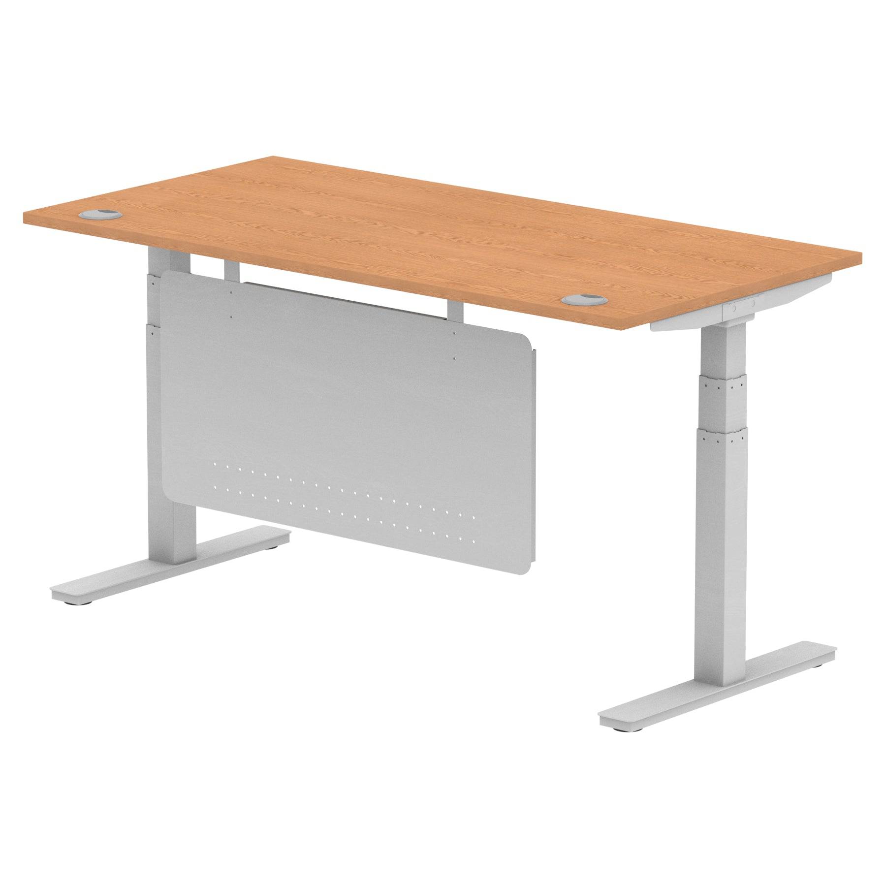 Air Modesty 800mm Height Adjustable Office Desk Oak Top Cable Ports Silver Leg With Silver Steel Modesty Panel - Price Crash Furniture