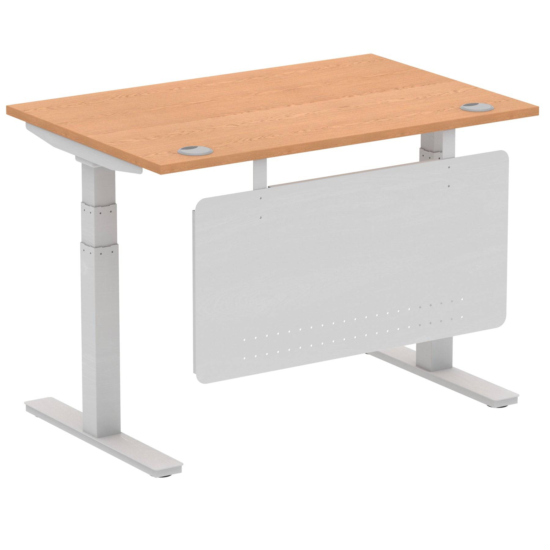 Air Modesty 800mm Height Adjustable Office Desk Oak Top Cable Ports Silver Leg With Silver Steel Modesty Panel - Price Crash Furniture