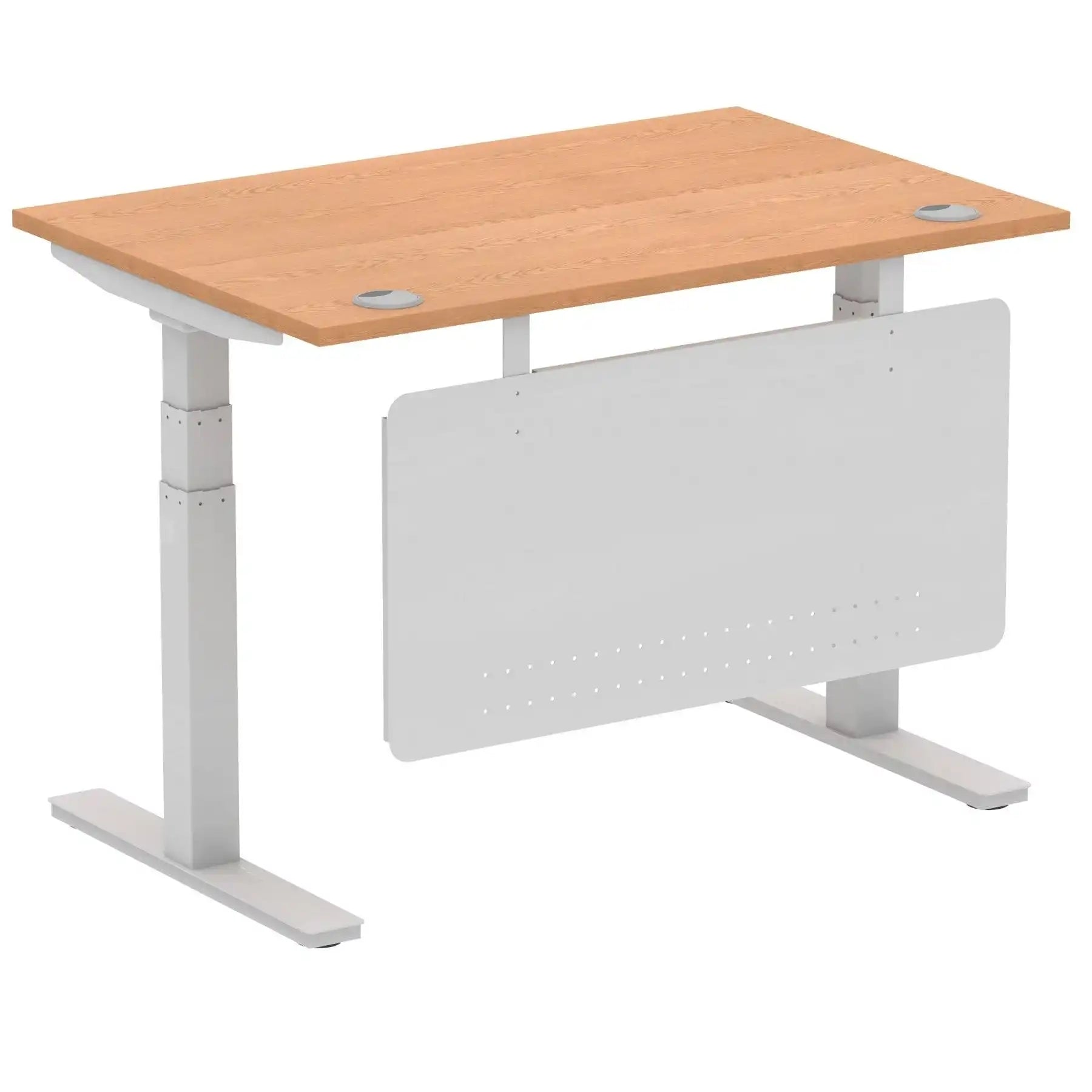 Air Modesty 800mm Height Adjustable Office Desk Oak Top Cable Ports Silver Leg With Silver Steel Modesty Panel - Price Crash Furniture