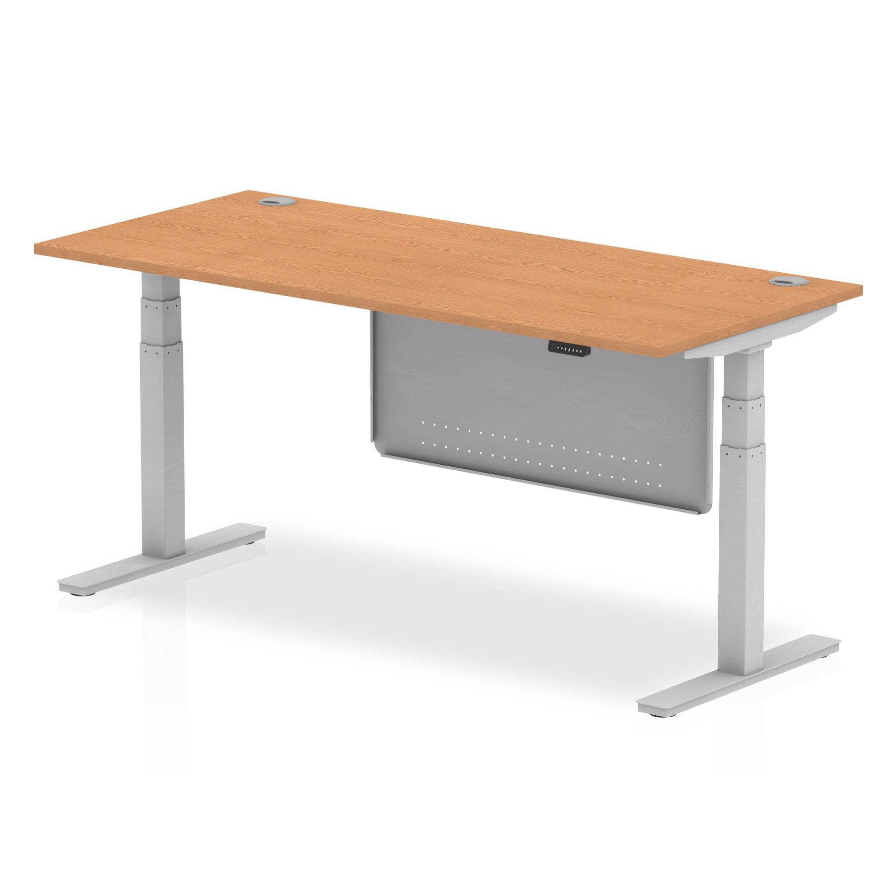 Air Modesty 800mm Height Adjustable Office Desk Oak Top Cable Ports Silver Leg With Silver Steel Modesty Panel - Price Crash Furniture