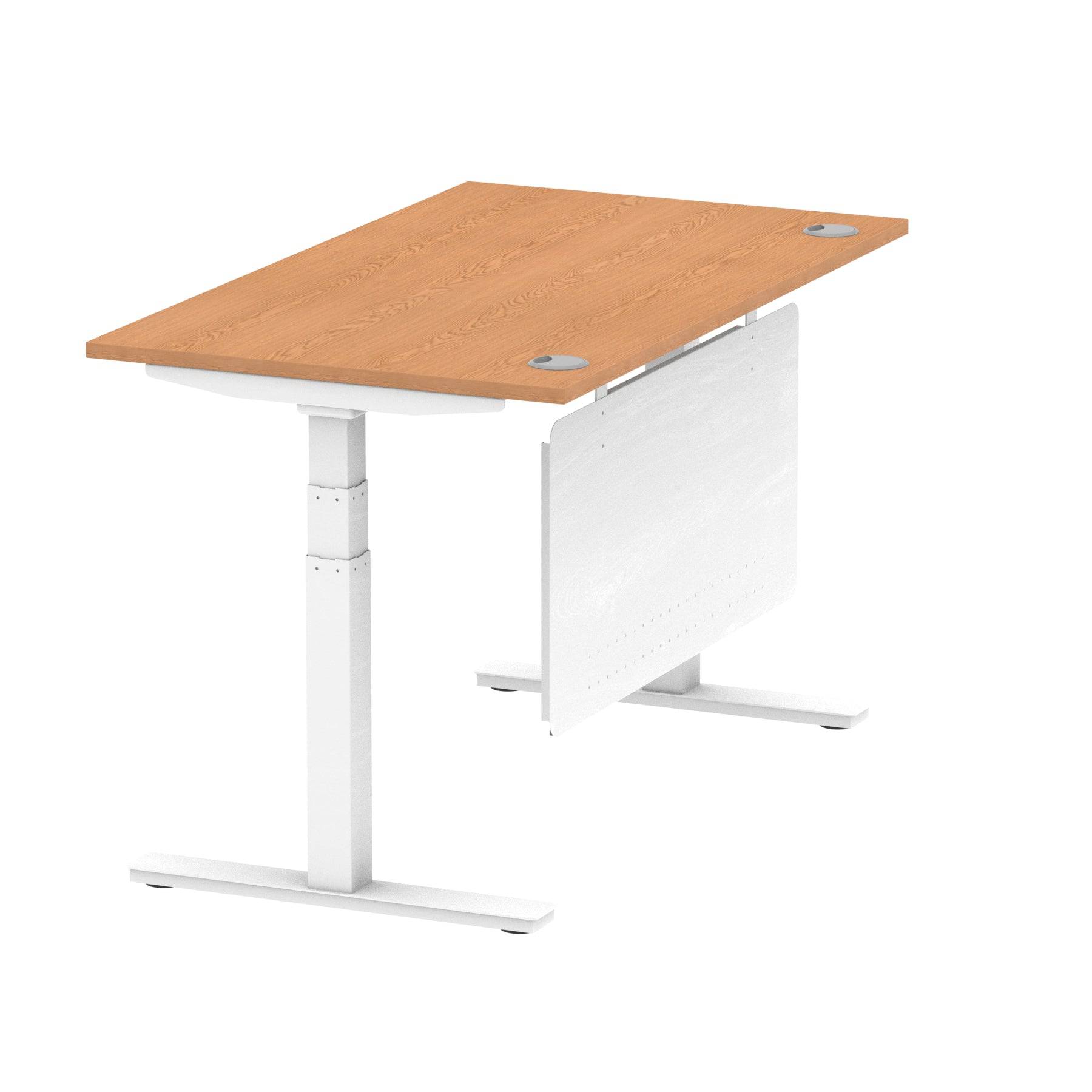 Air Modesty 800mm Height Adjustable Office Desk Oak Top Cable Ports White Leg With White Steel Modesty Panel - Price Crash Furniture