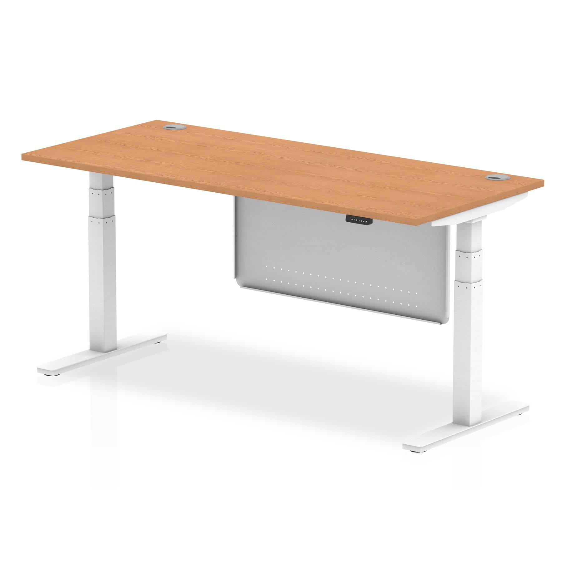 Air Modesty 800mm Height Adjustable Office Desk Oak Top Cable Ports White Leg With White Steel Modesty Panel - Price Crash Furniture