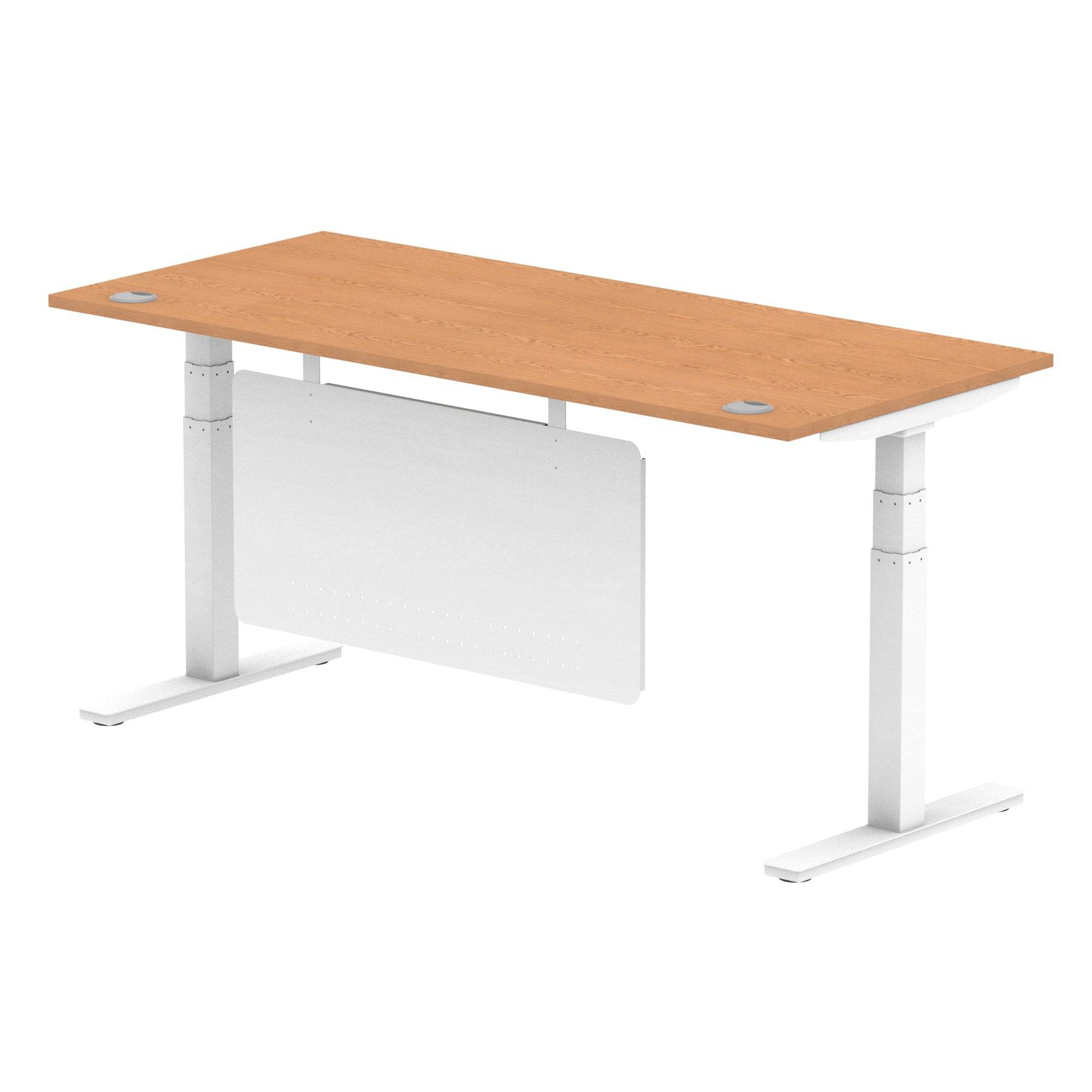 Air Modesty 800mm Height Adjustable Office Desk Oak Top Cable Ports White Leg With White Steel Modesty Panel - Price Crash Furniture