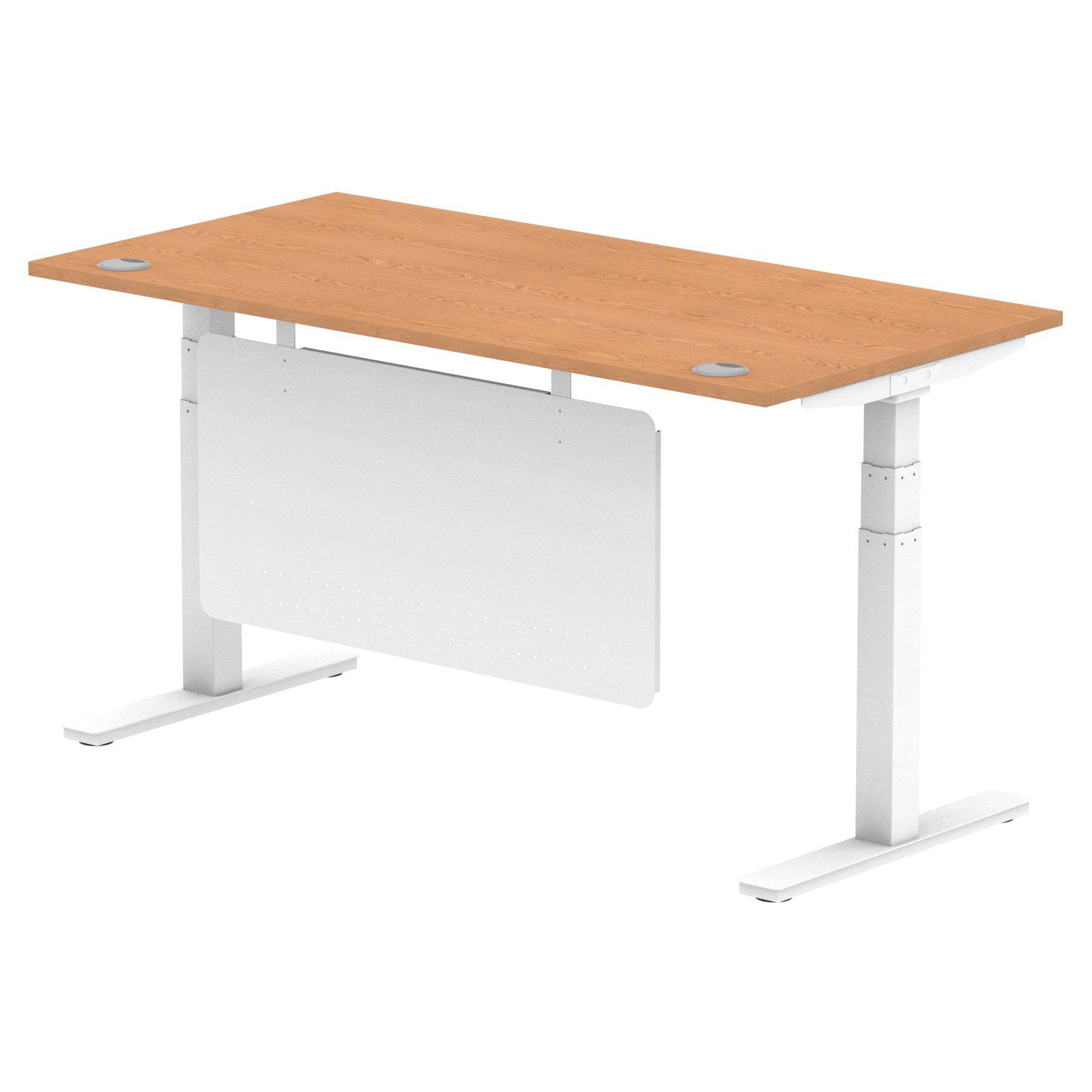 Air Modesty 800mm Height Adjustable Office Desk Oak Top Cable Ports White Leg With White Steel Modesty Panel - Price Crash Furniture