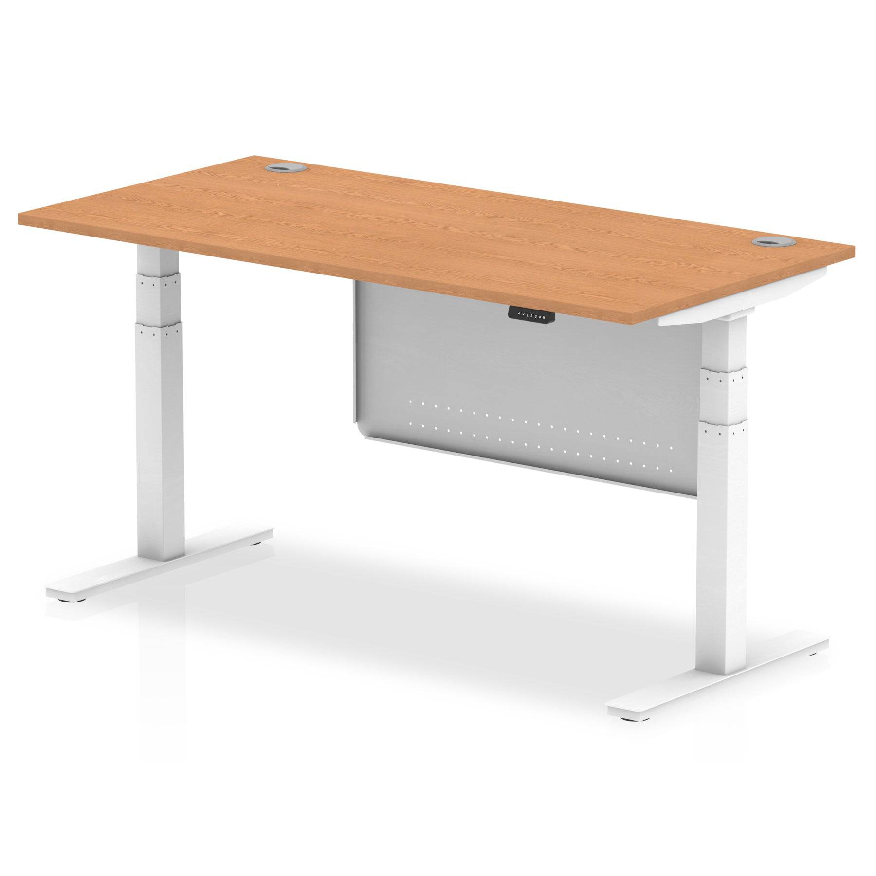 Air Modesty 800mm Height Adjustable Office Desk Oak Top Cable Ports White Leg With White Steel Modesty Panel - Price Crash Furniture