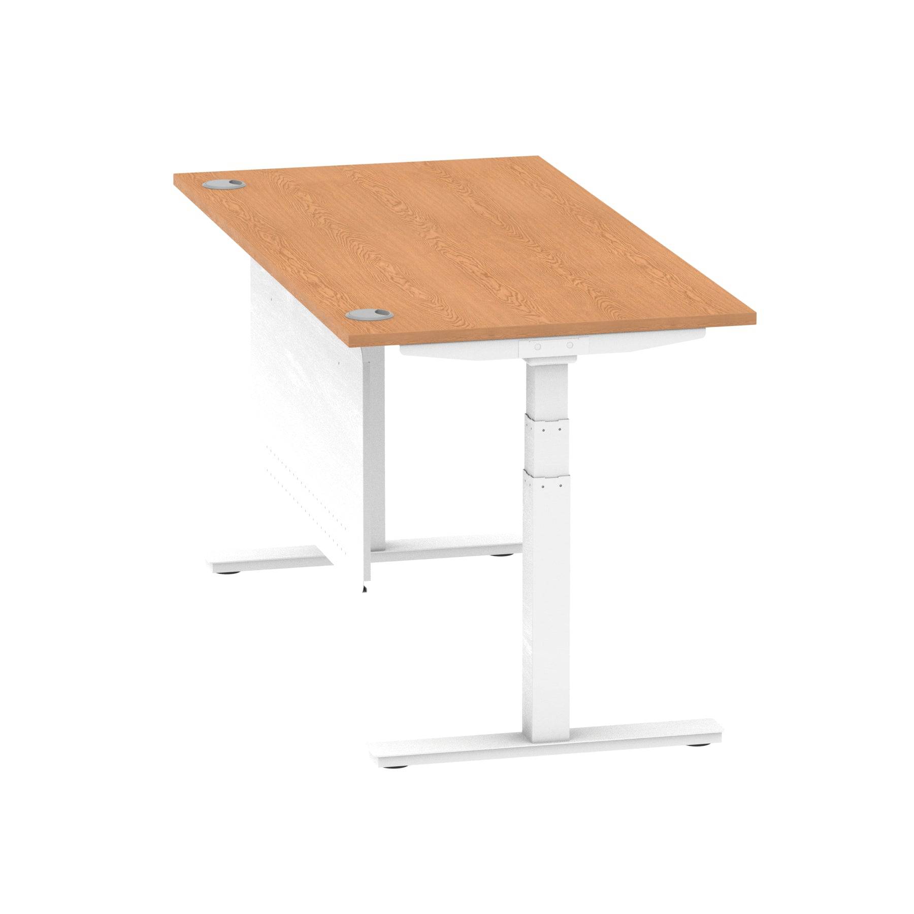 Air Modesty 800mm Height Adjustable Office Desk Oak Top Cable Ports White Leg With White Steel Modesty Panel - Price Crash Furniture