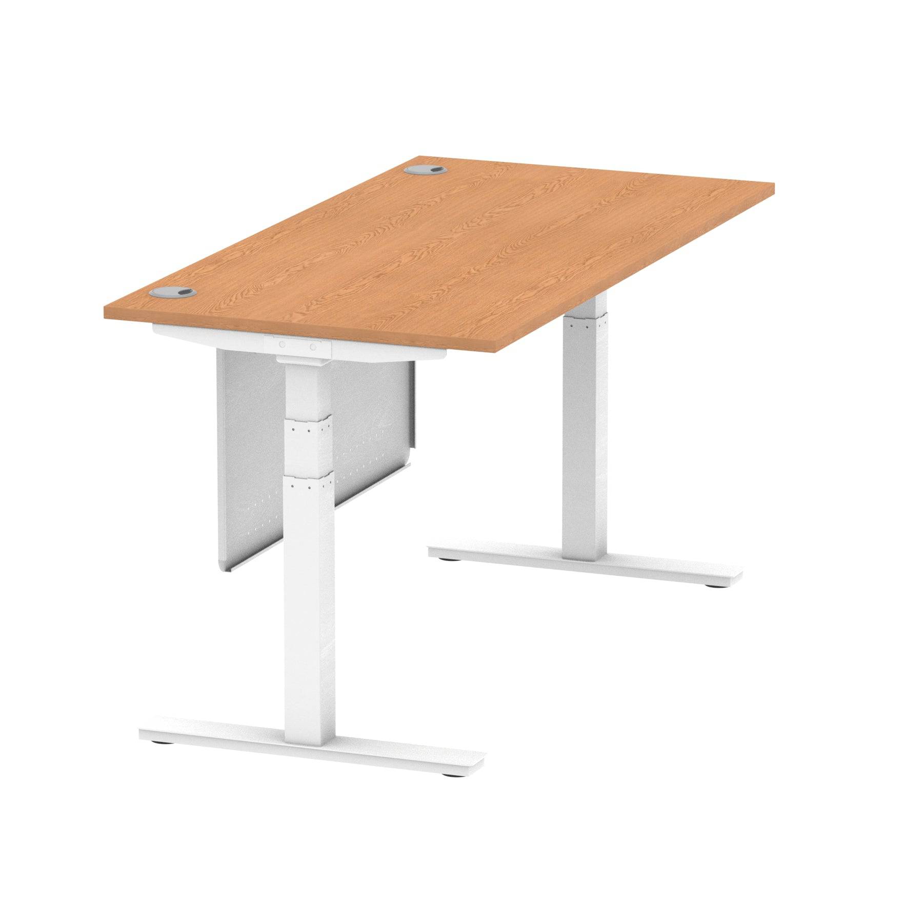 Air Modesty 800mm Height Adjustable Office Desk Oak Top Cable Ports White Leg With White Steel Modesty Panel - Price Crash Furniture